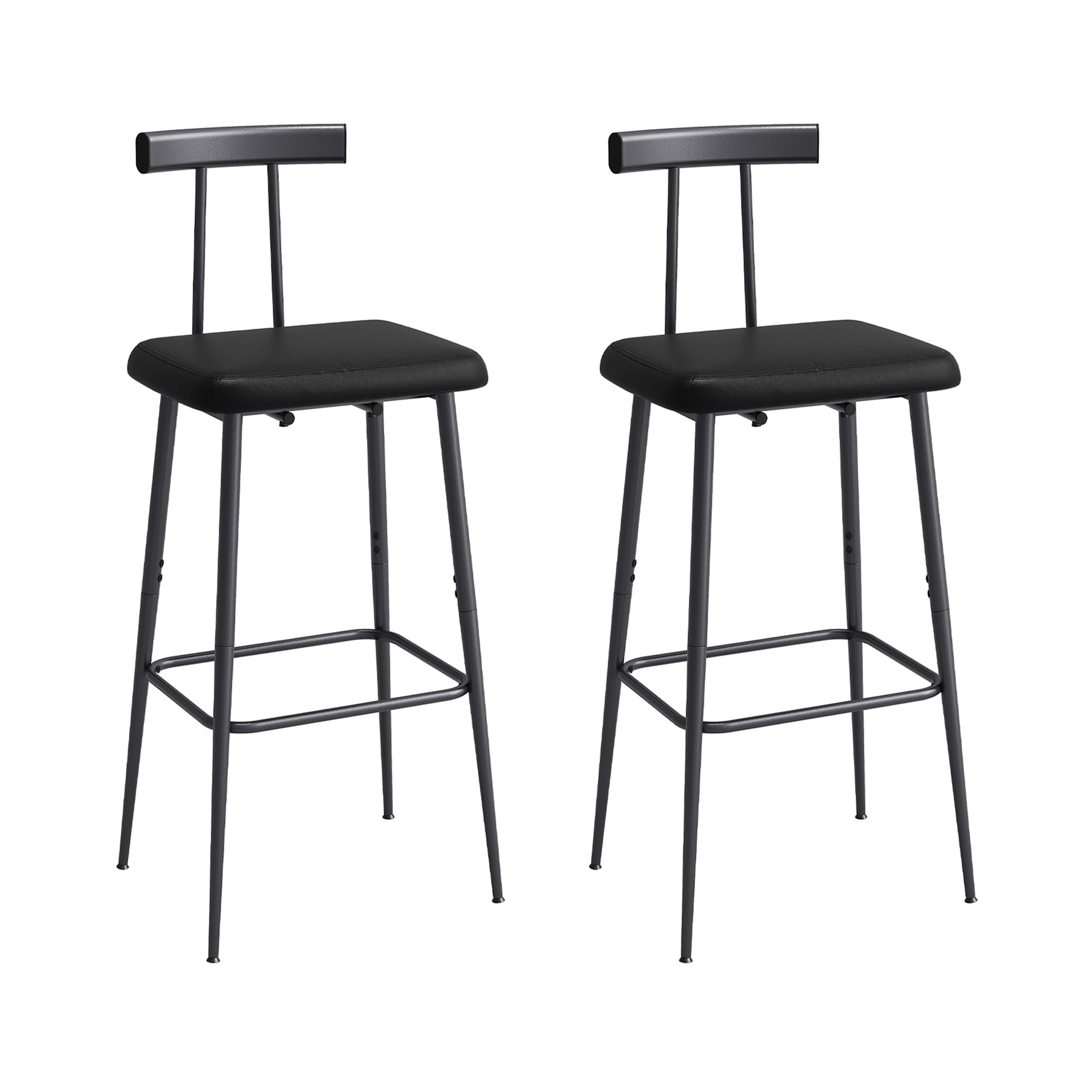 YAUKTAK Bar Stools Set of 2, Tall Bar Stools with Backrest and Footrest, Counter Height Bar Chairs, Industrial Barstools with PU Leather Cushion, for Kitchen, Dining Room, Bar, Cafe (Black) KBS515B