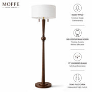 MOFFE 62.8" Solid Oak Wood Floor Lamp, Tall Standing Lamp with 2-Light Pull Chains, 17" White Linen Drum Shade, Sculptural Wood Base & Stem, Includes 2 LED Bulbs for Living Room, Bedroom, Office