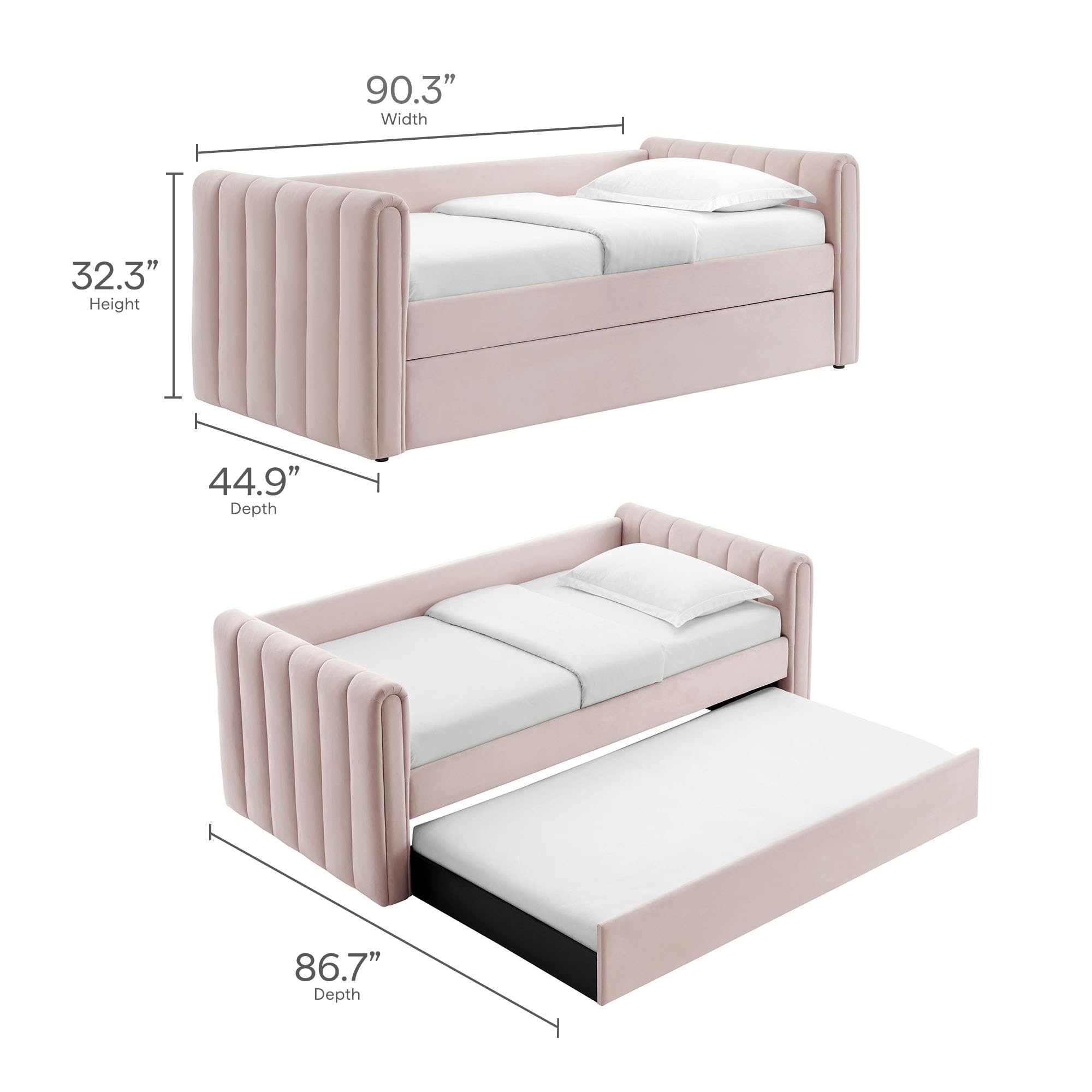 Veyla Twin Size Performance Velvet Daybed in Pink with Trundle – Channel Tufted Upholstered Sofa Bed with Wood Slat Support