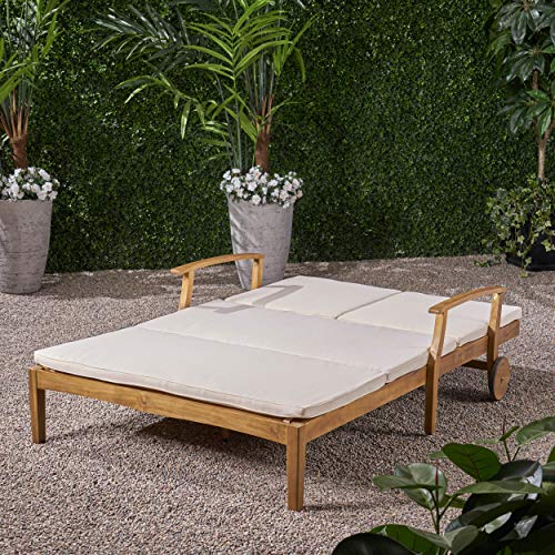 Double Chaise Lounge with Acacia Wood Frame & Water-Resistant Cushions