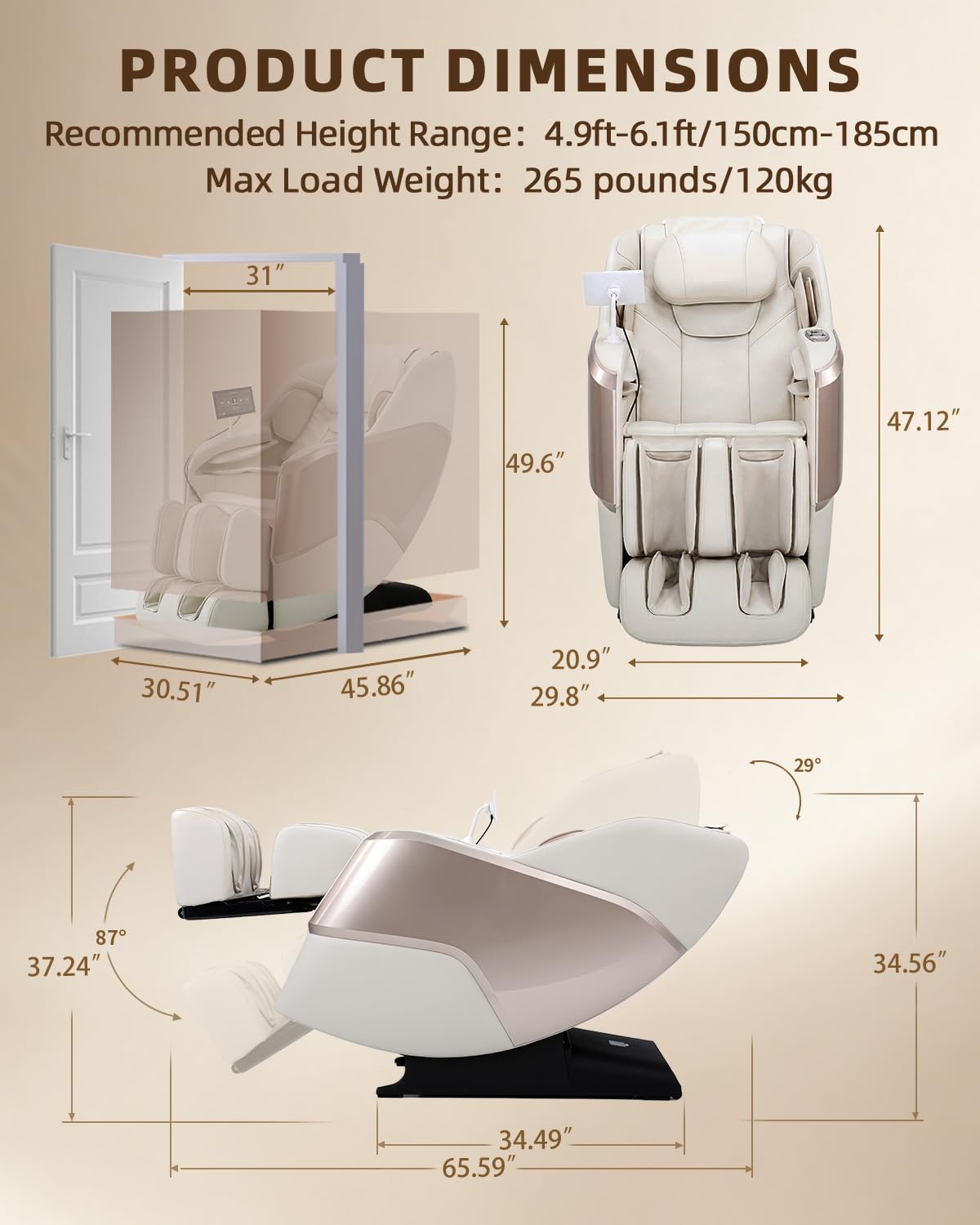 RelaxRelife 4D Massage Chair Full Body Zero Gravity SL Track Recliner，Beige