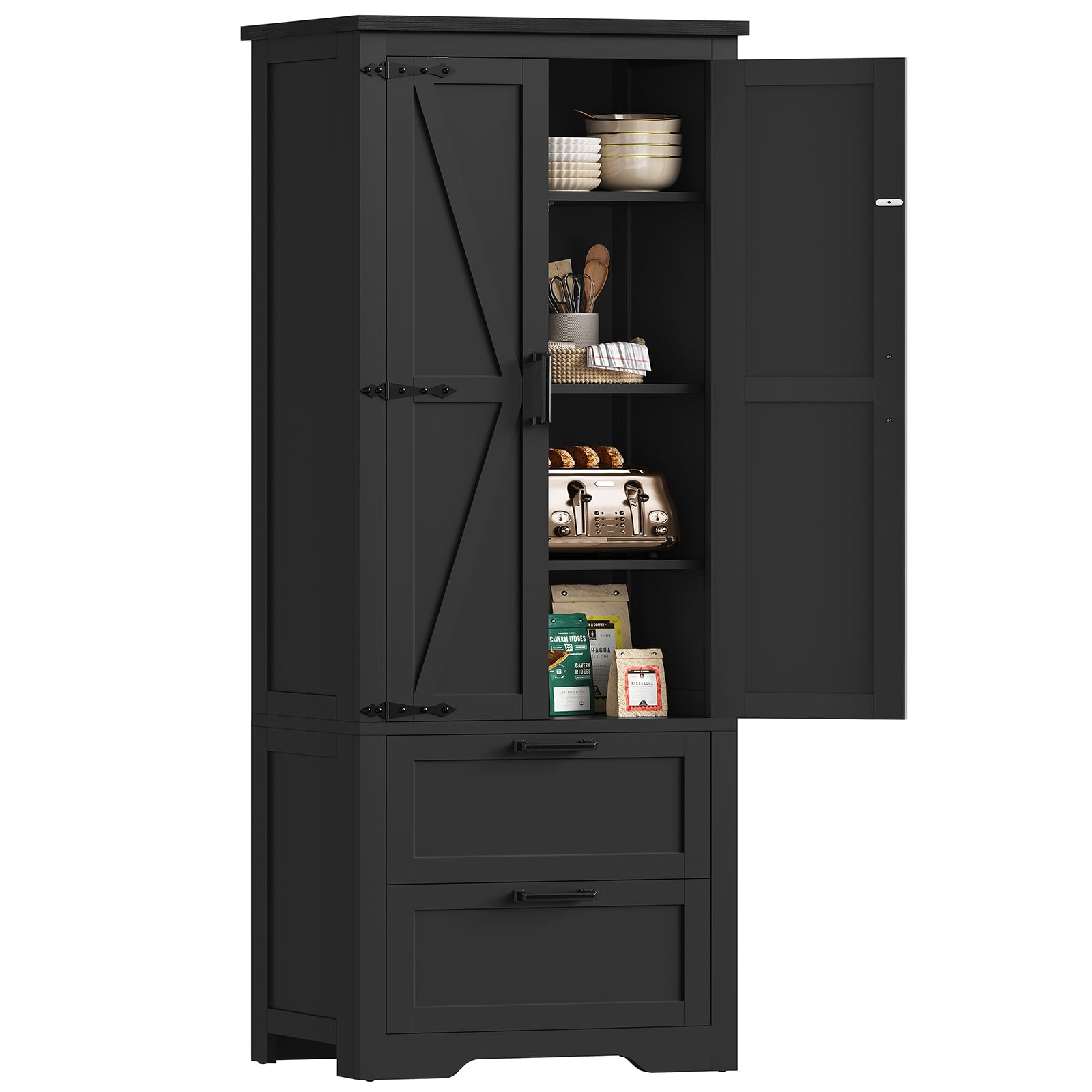 TEENFON 66.1" H Storage Cabinet, Farmhouse Kitchen Pantry Cabinet with 2 Drawers & Adjustable Shelf, Bathroom Cabinet, for Living Room, Kitchen, Bathroom, Black
