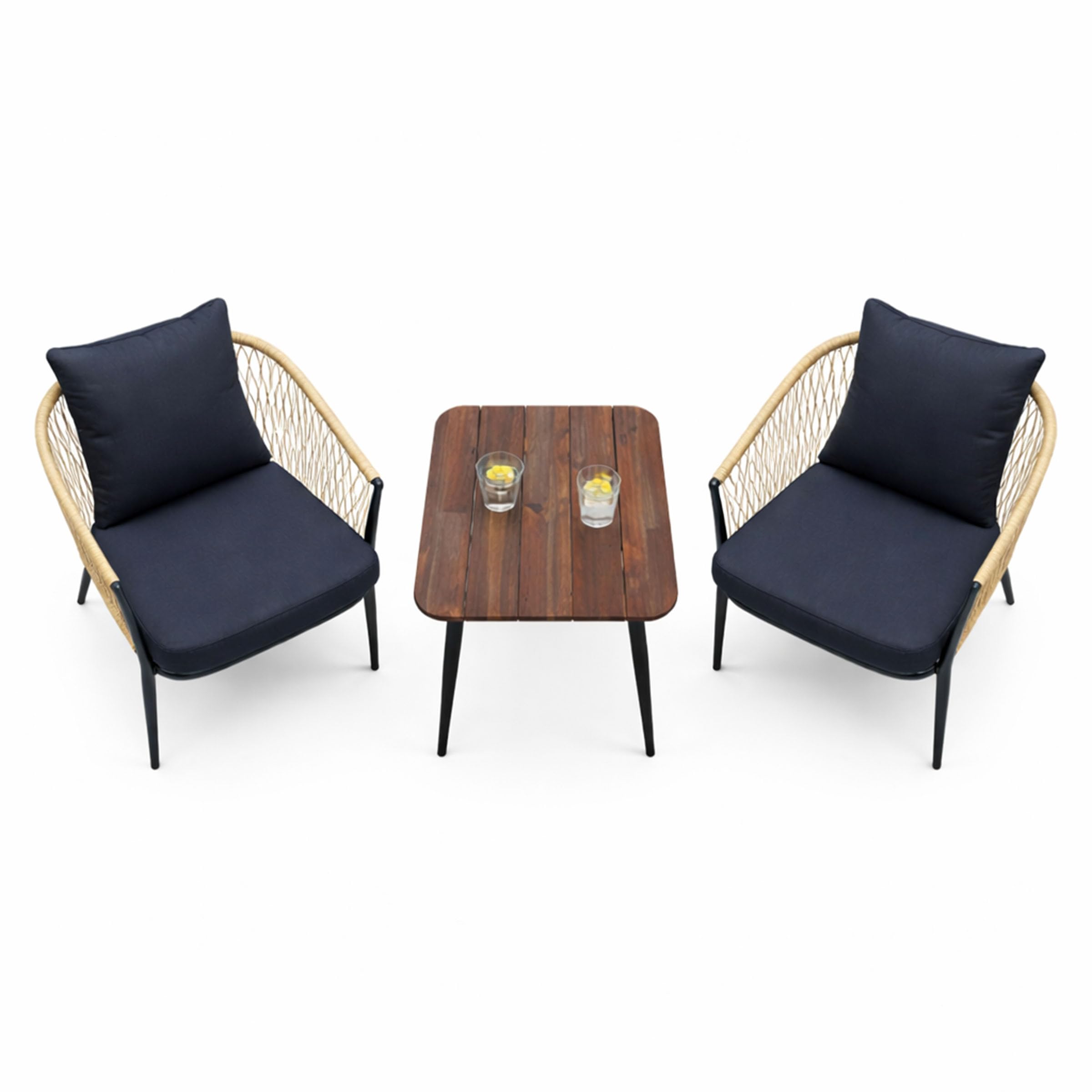 Alpine Corporation VTFAM166A 3-Piece Outdoor Patio Bistro Set – Wooden Accent Table & 2 Wicker Armchairs with Seat & Back Cushions – Modern Indoor/Outdoor Conversation Set, Natural & Black