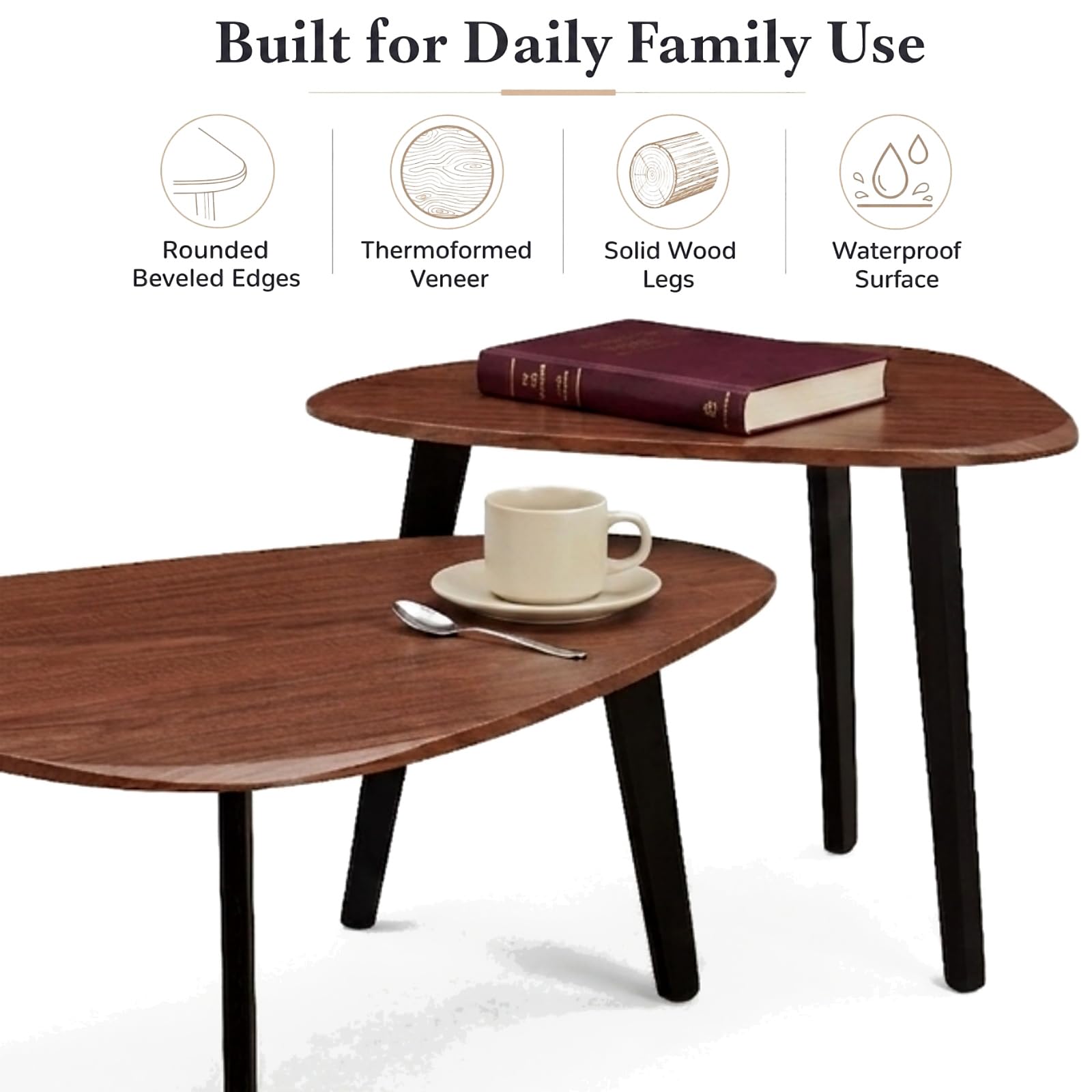 DURISEN Nesting Coffee Table Set of 2-Mid Century Modern Wooden Coffee Table,Guitar Pick Stacking Tables with Solid Wood Legs,Small Coffee Tables for Small Spaces,Living Room,Apartment(Walnut)