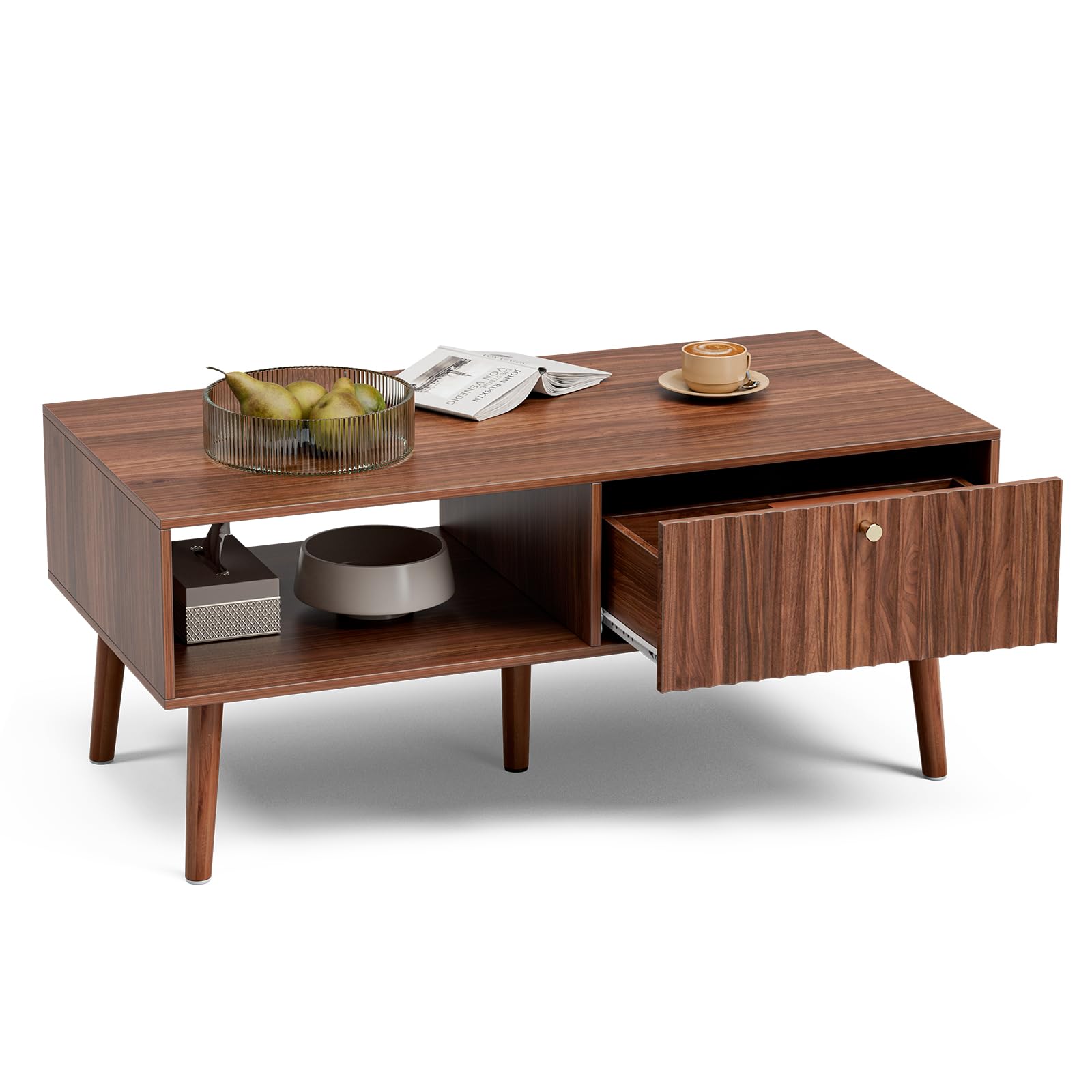 LCRBOL Coffee Table with Storage, Mid Century Dining Table with Fluted Drawer and Solid Wood Legs, Small Coffee Tables for Living Room, Walnut