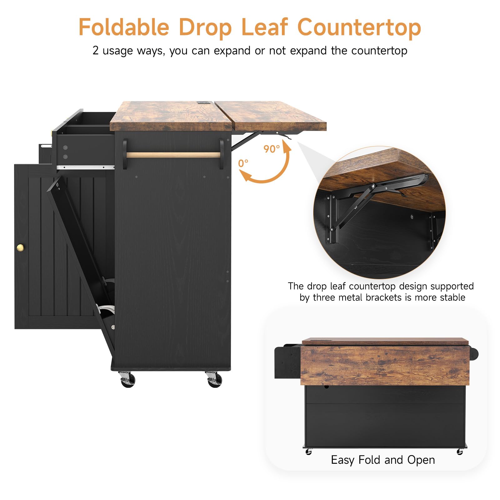Kitchen Island Cart with Power Outlet & Drop Leaf