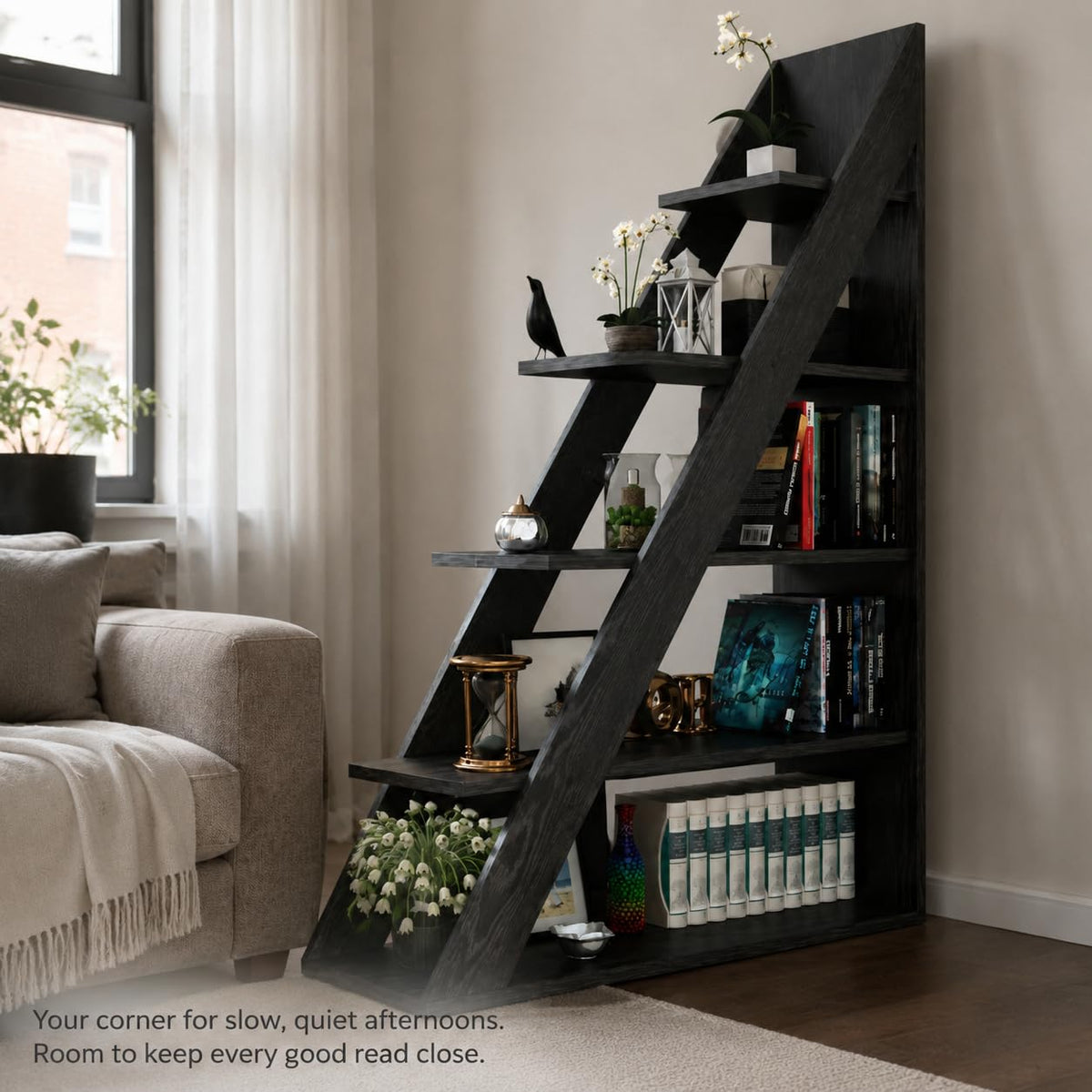 Black 5-Tier Ladder Bookshelf