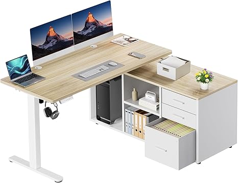 L-Shaped Electric Standing Desk with Drawers & File Cabinet