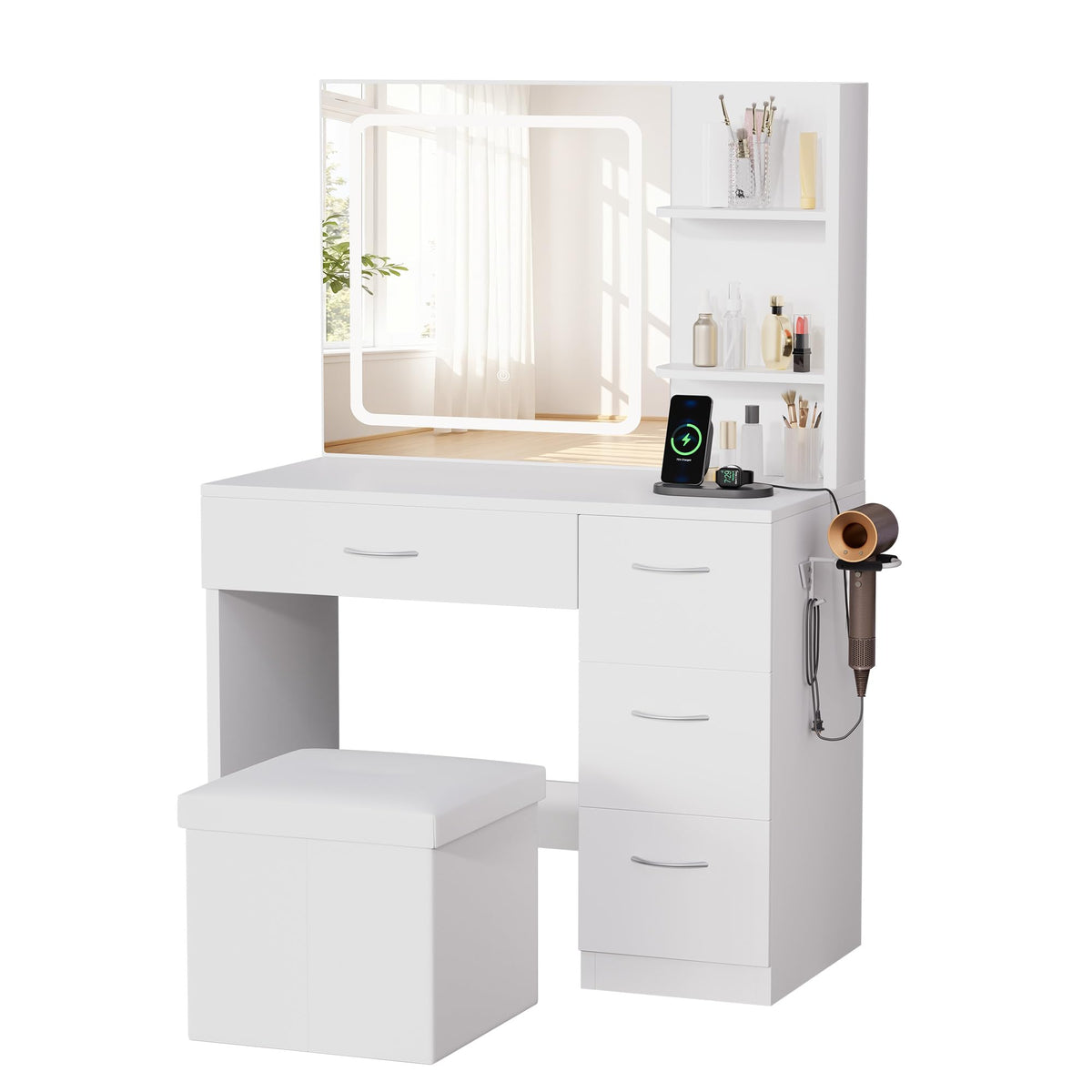 LIVELYGLOW White Makeup Vanity Desk with Charging Station & 4 Drawers