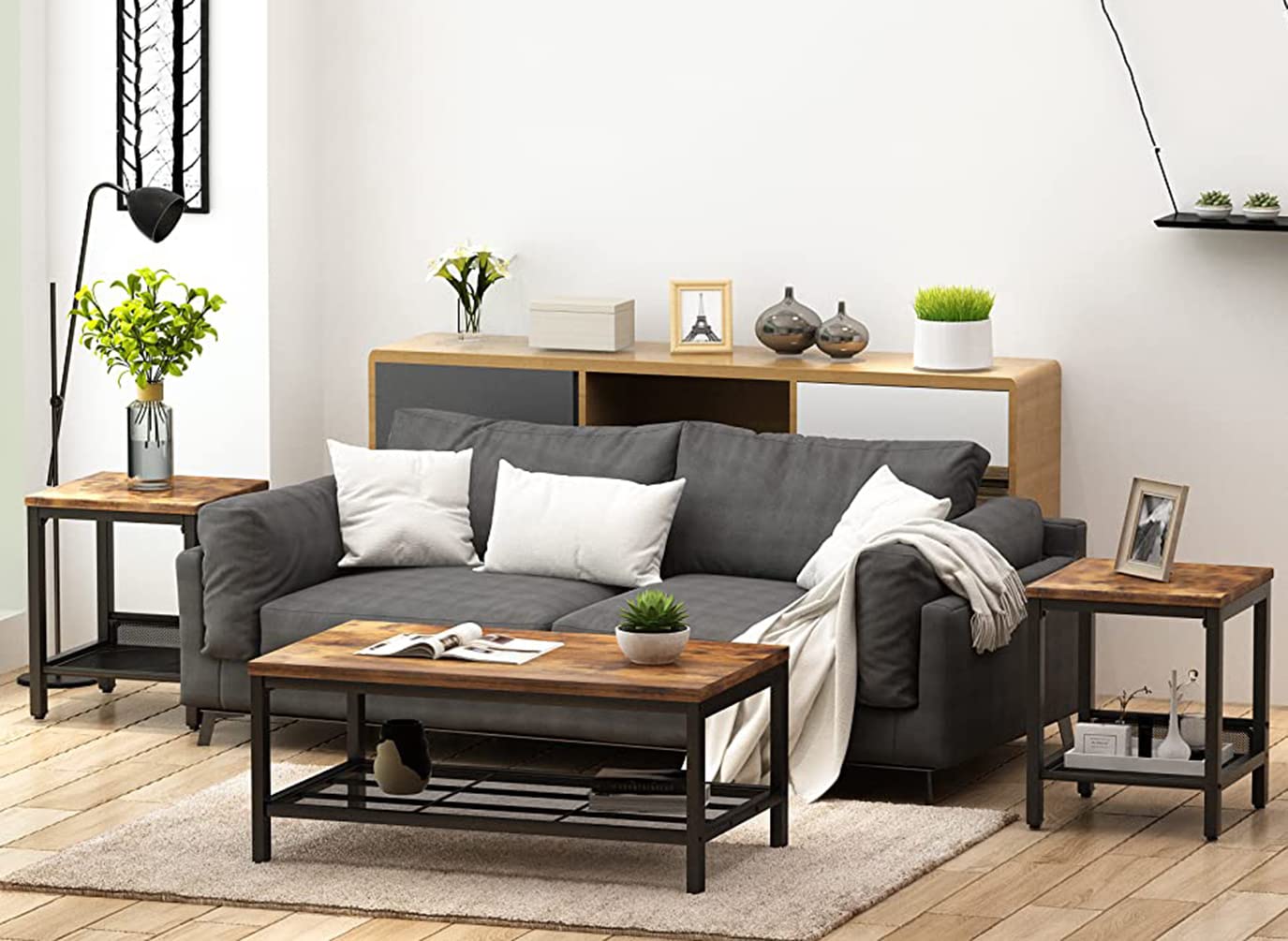 Lamerge 3 Pieces Living Room Table Set, Industrial Coffee Table with 2 Square End Side Tables, Coffee Table Set with Metal Frame for Apartment Home Office, Rustic Brown