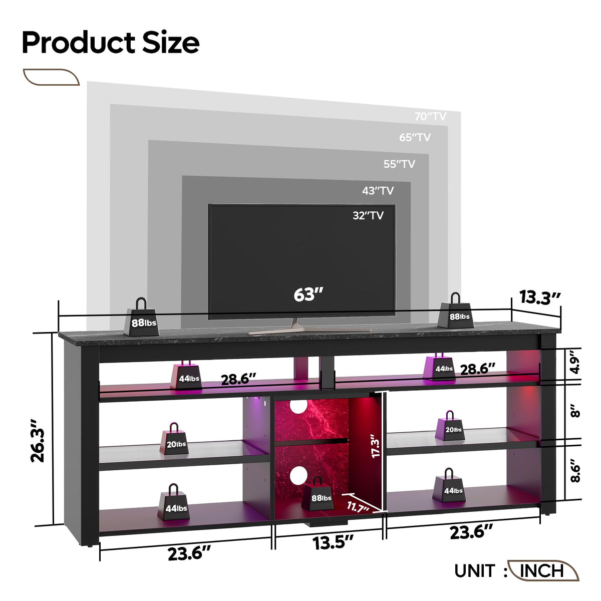 LED TV Stand with Adjustable Shelves