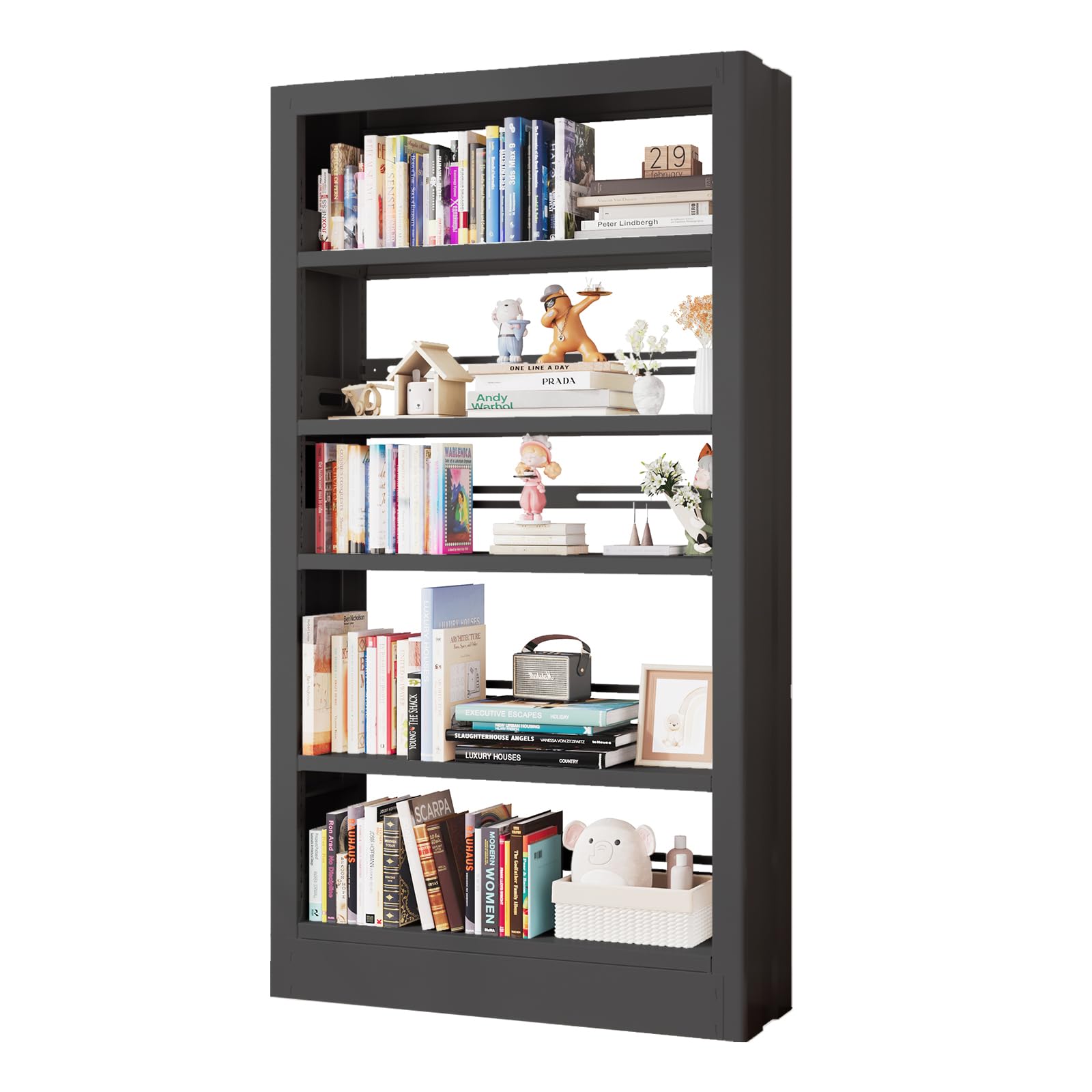 CRPDY 71" Tall Metal Bookshelf 5 Tier Heavy Duty Bookshelves with Adjustable Storage Shelves Library Bookcase with Book Stopper for Living Room, Library, Office, Bedroom, School