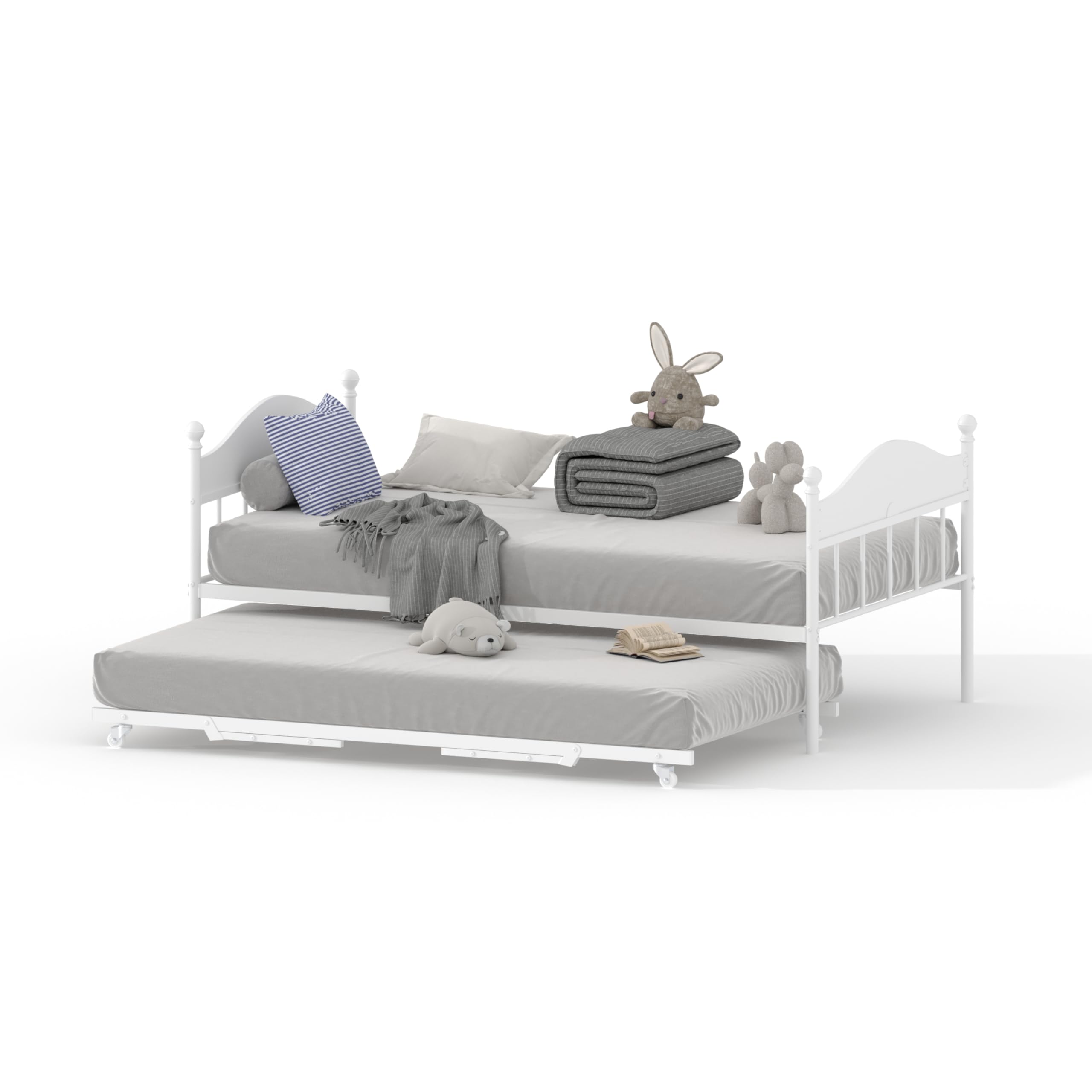 Daybed with Trundle, Metal Twin Size Day Bed with Stylish Headboard, Sofa BedFrame with Pop Up Foldable Trundle Bed, Heavy Duty Steel Slats Platform for Living Room, Bedroom and Guest Room, White