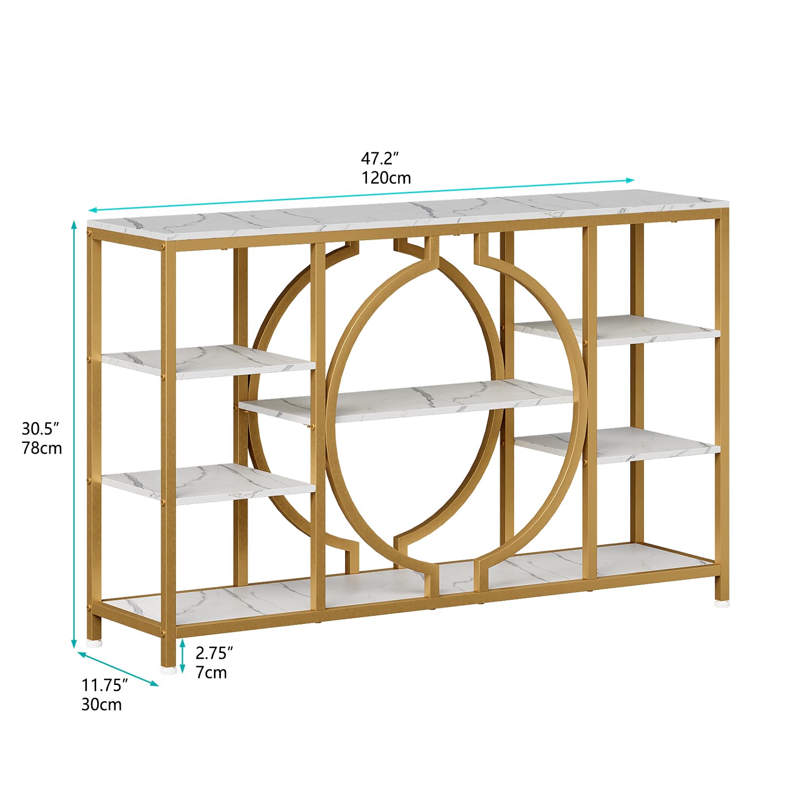 GiftGo 47" Industrial Console Tables for Entryway Rustic Sofa Table Behind Couch 4 Tier Wooden Shelves Entry Table with Storage for Foyer, Hallway, Front Door,Living Room (White Gold, 47")
