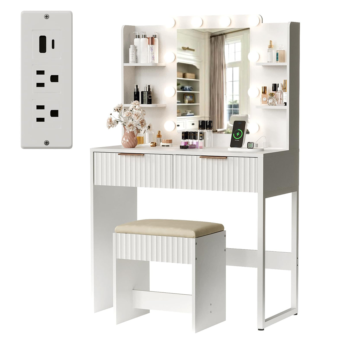 VINGLI Fluted Makeup Vanity Desk with Mirror and Lights and Stools, Small Vanity Table with Bench Chair & 2 Drawers & 4 Storage Shelves, White Dressing Table Set for Girls Bedroom