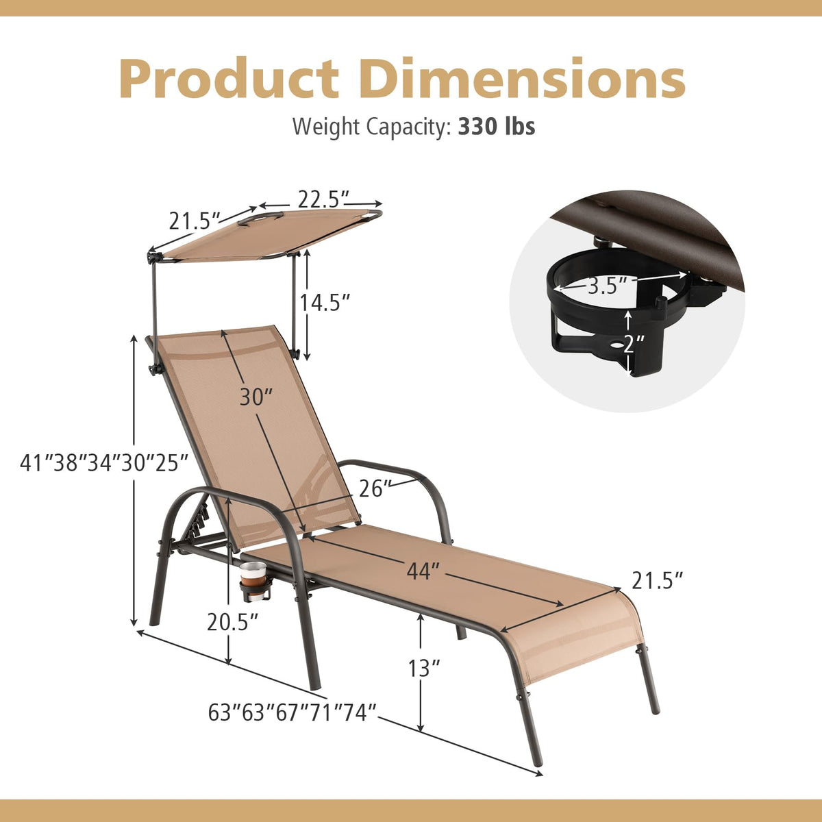 Byroce Patio Lounge Chair with Canopy, Outdoor Chaise Lounger with 5-Level Adjustable Backrest, Arms & Cupholder, Metal Tanning Recliner Chair for Beach, Poolside, Backyard, Garden (1)