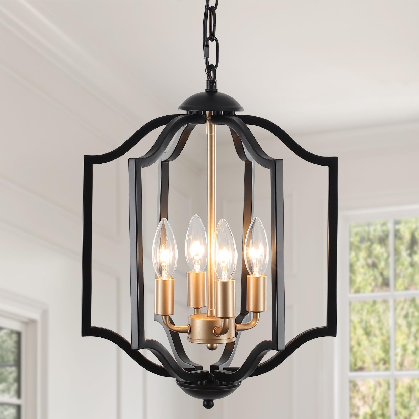 MIAYBPH Black and Gold Chandelier Light Fixture, 4-Light Farmhouse Chandelier Dining Room Light Fixtures Rustic Hanging Small Entryway Pendant Light for Kitchen Island Foyer Living Room