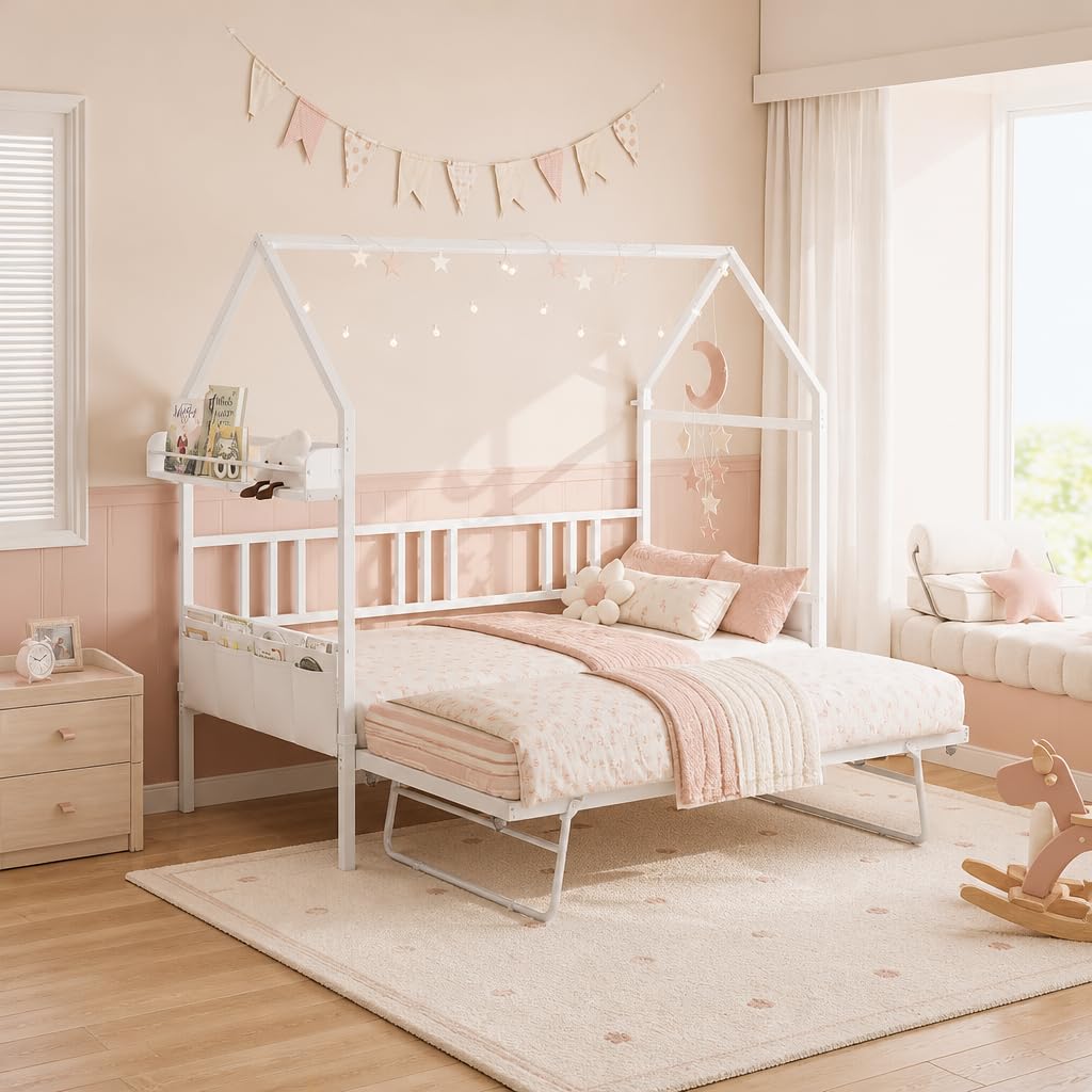 LIKIMIO Daybed with Trundle, House Shaped Twin Bed Frame,White