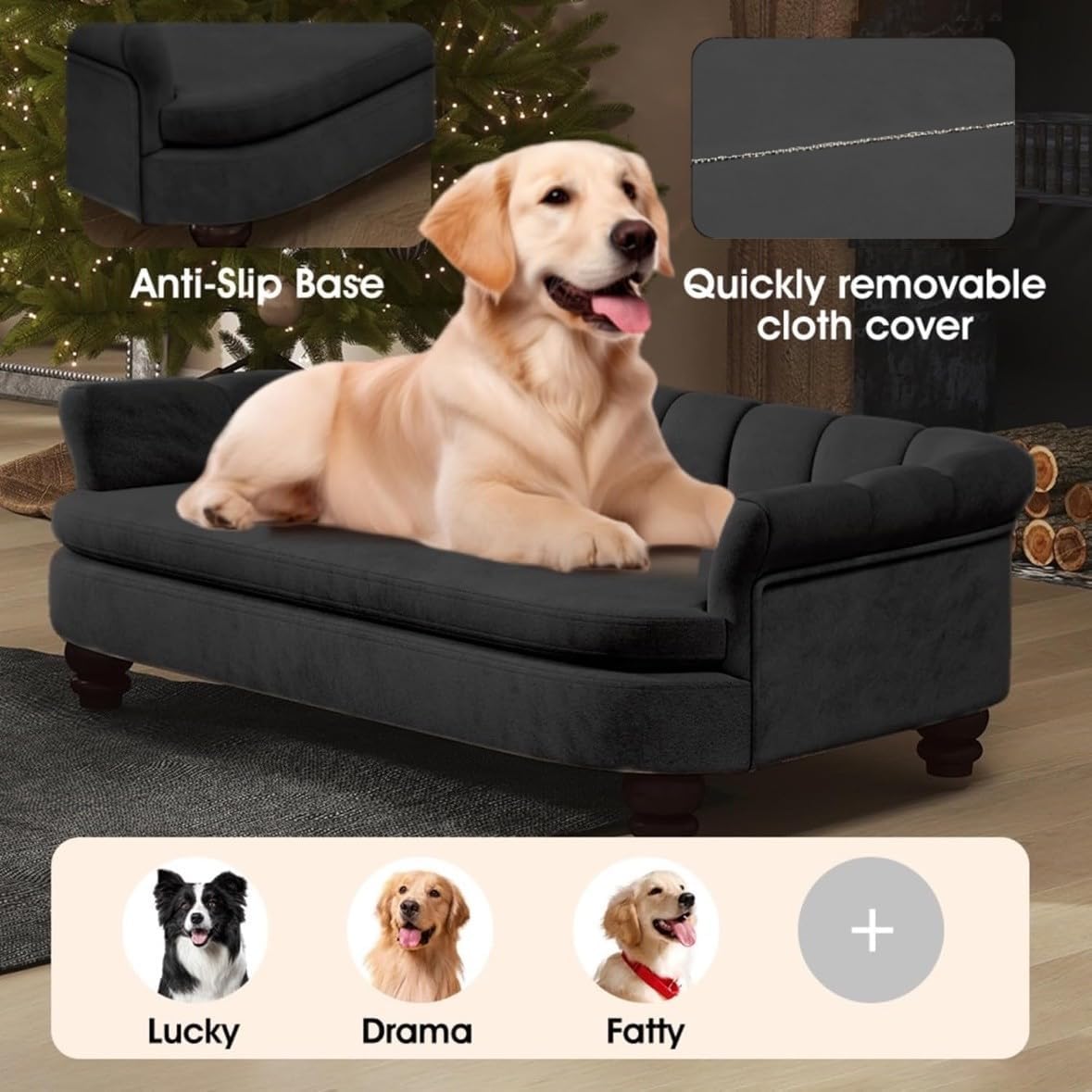 Large Dog Sofa Bed – Velvet, Wood Frame, Washable Cushion