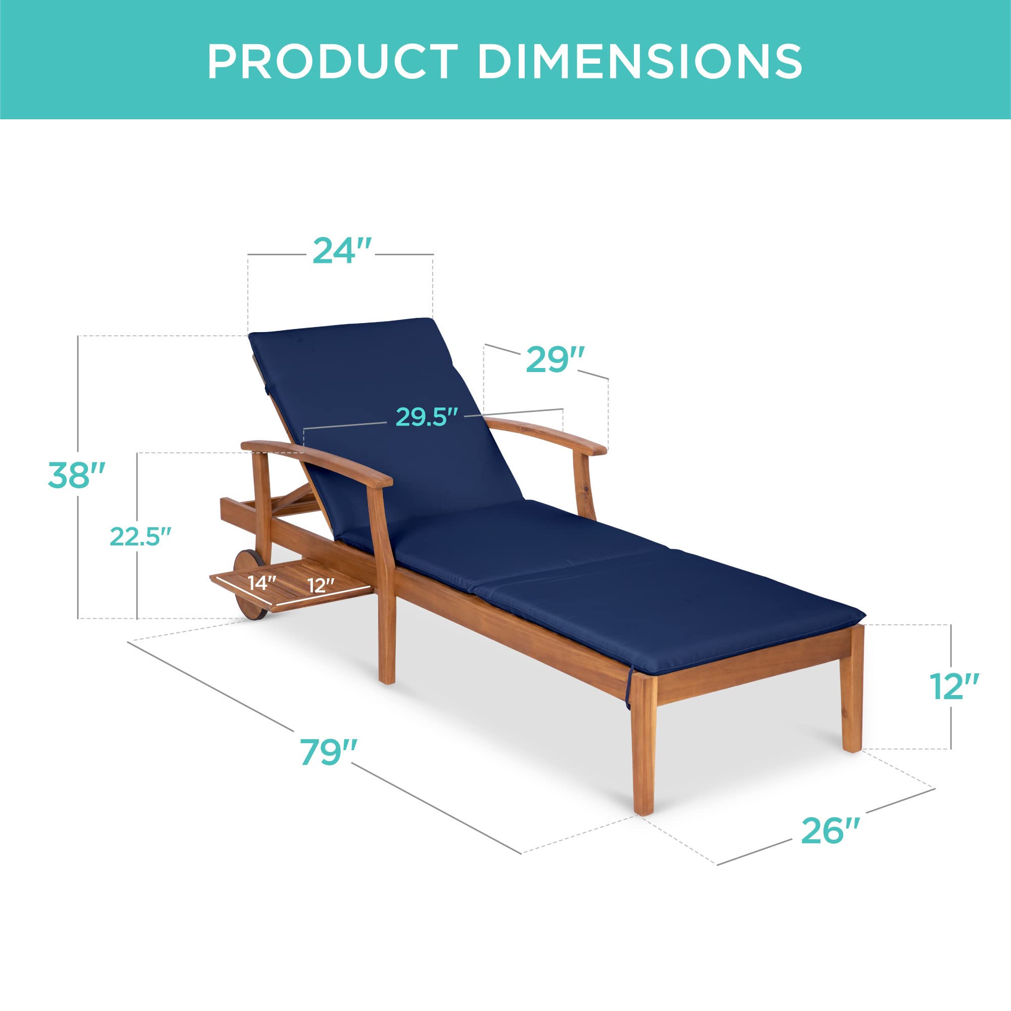 Acacia Wood Outdoor Chaise Lounge Chair with Slide-Out Side Table