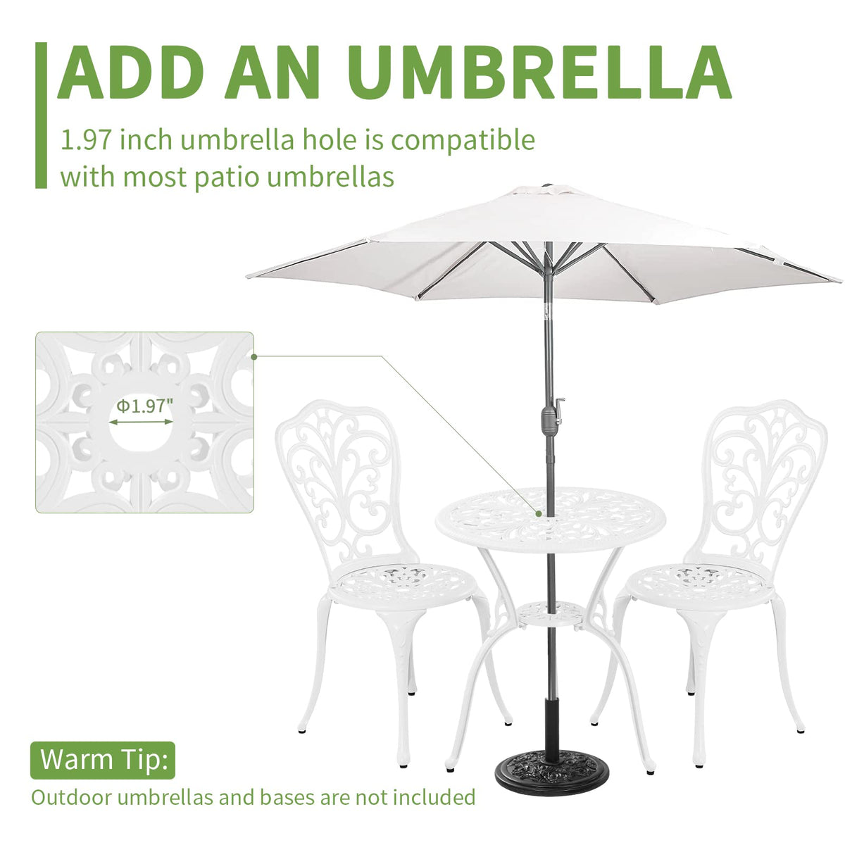 Withniture Bistro Set 3 Piece Outdoor Cast Aluminum Patio Bistro Set with Umbrella Hole, All Weather Bistro Table and Chairs Set, Small Patio Furniture Set for Garden, Porch,White