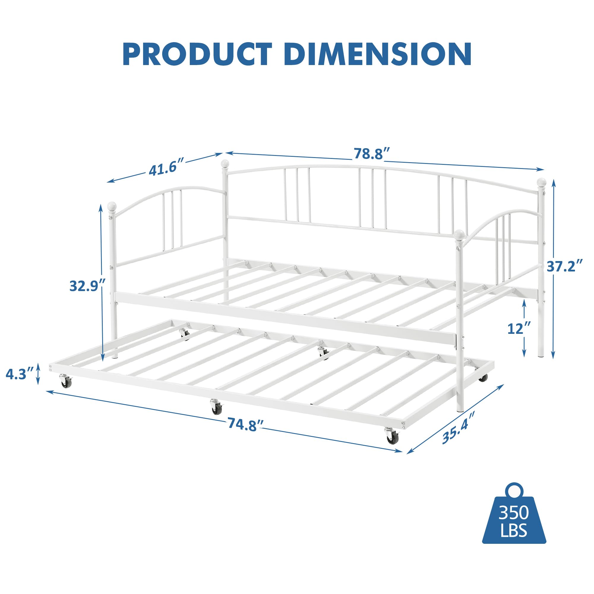 IDEALHOUSE Twin Daybed with Trundle, Metal Twin Size Daybed with Pullout Trundle 6 Casters, Steel Slat Support Sofa Bed for Living Room, Bedroom, Guest Room (White)