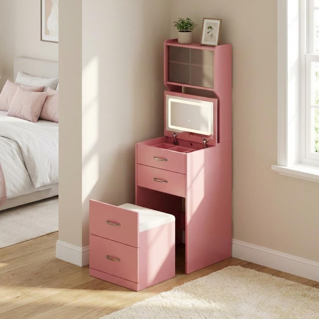 Pink Vanity Desk with LED Mirror