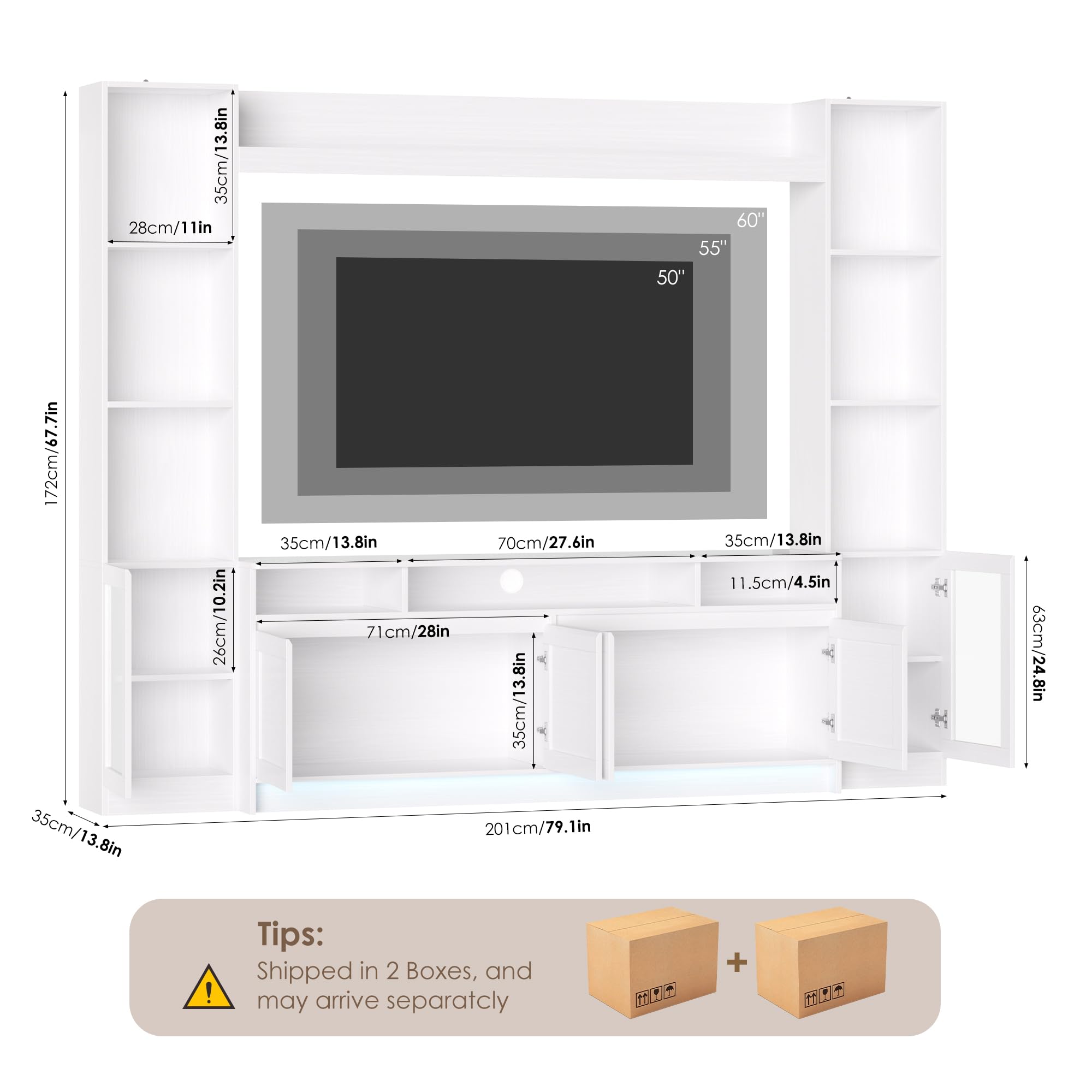 FACBOTALL 79" W Entertainment Center with Bookshelves & Storage Cabinet, Modern Wall Unit TV Stand for TVs up to 60", Large TV Console with LED Lights for Living Room, White