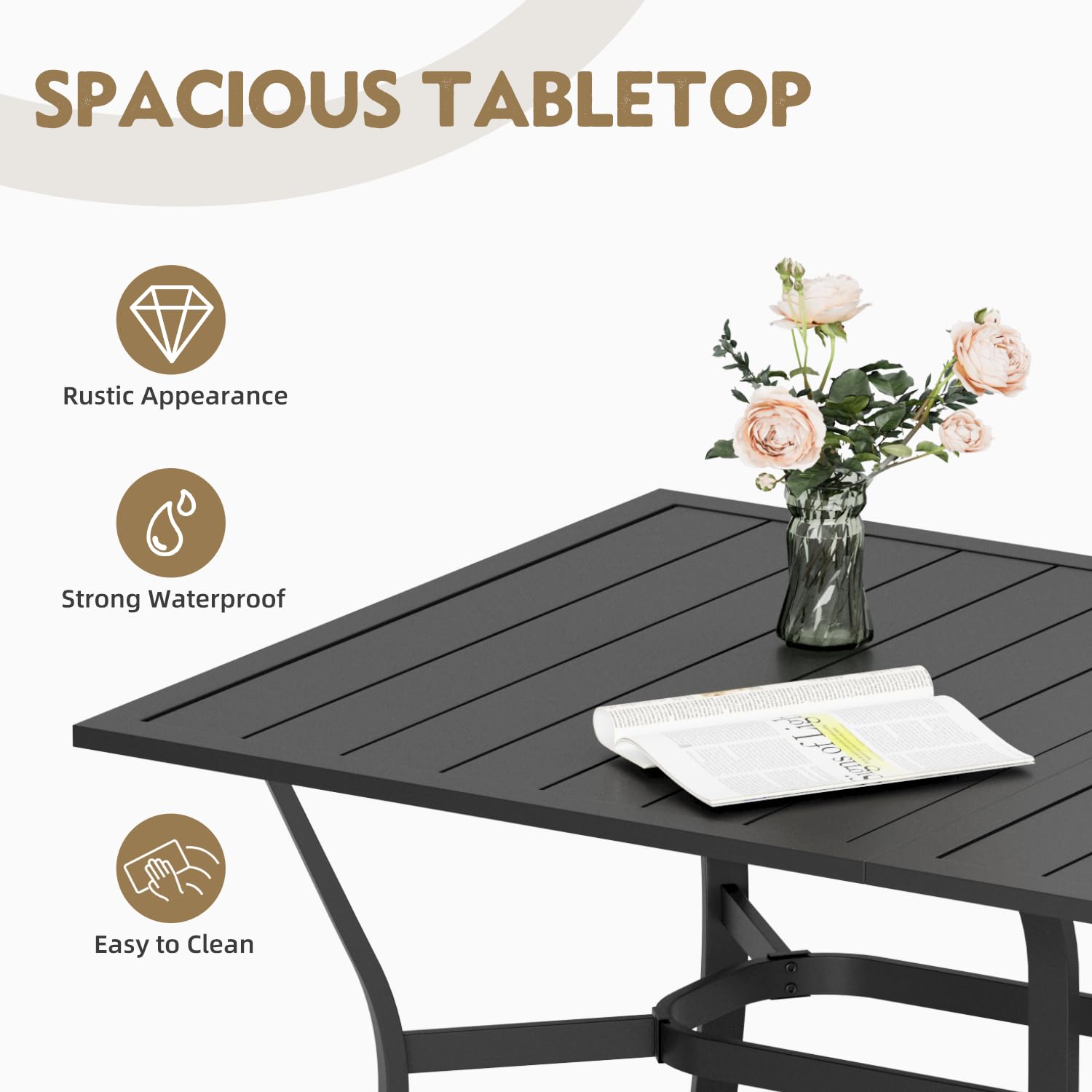 MELLCOM 63''x38'' Outdoor Dining Table for 6, E-Coating Metal Patio Dining Table with 1.57'' Umbrella Hole, All-Weather Black Rectangular Table for Porch, Garden, Backyard, Poolside, Lawn