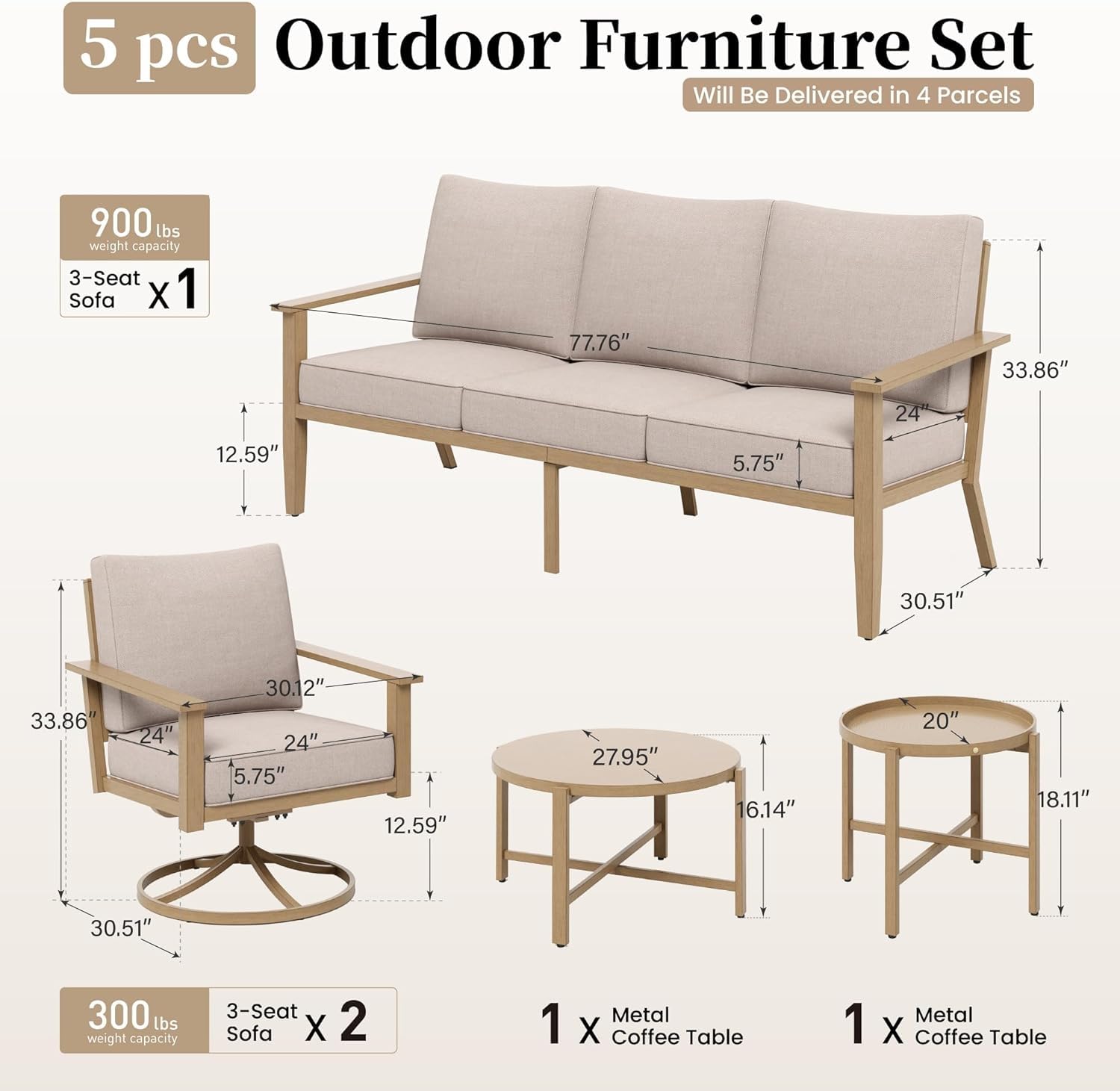 5-Piece Metal Patio Conversation Set with Swivel Chairs