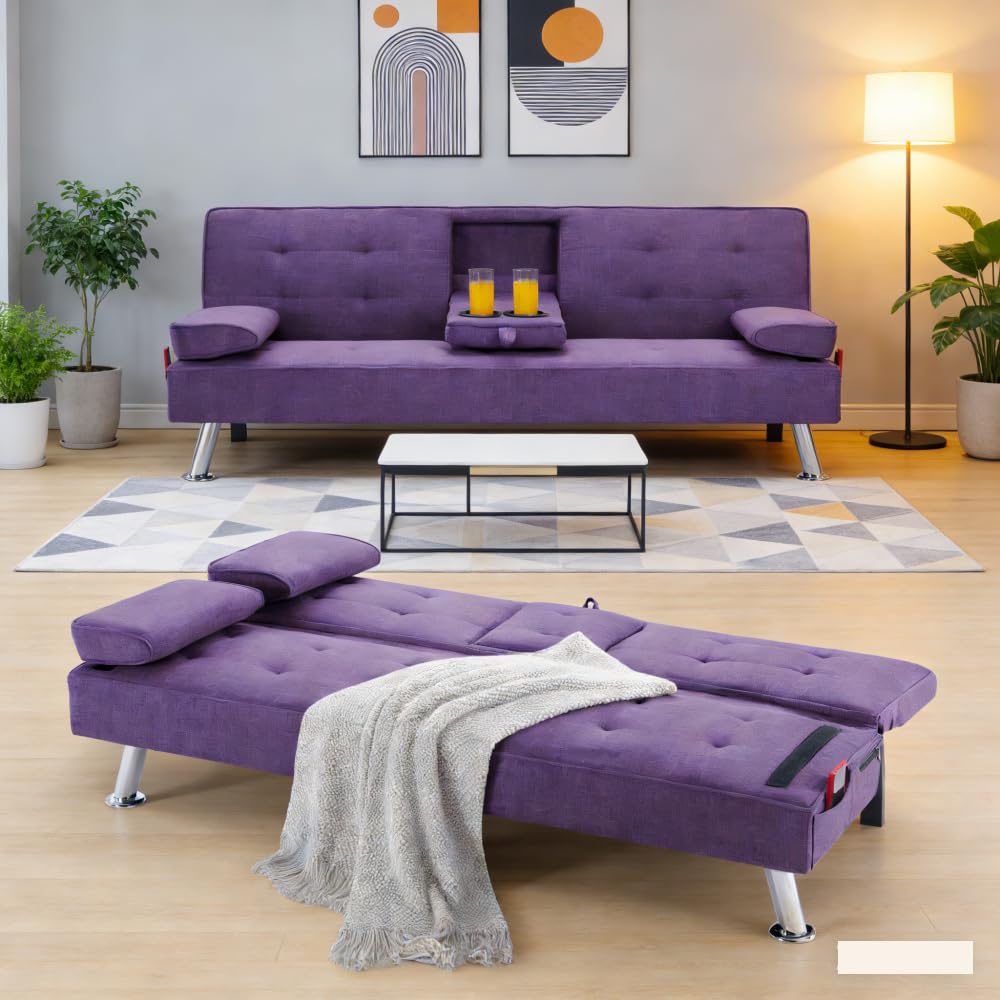 Purple Futon Sofa Bed with Cup Holders