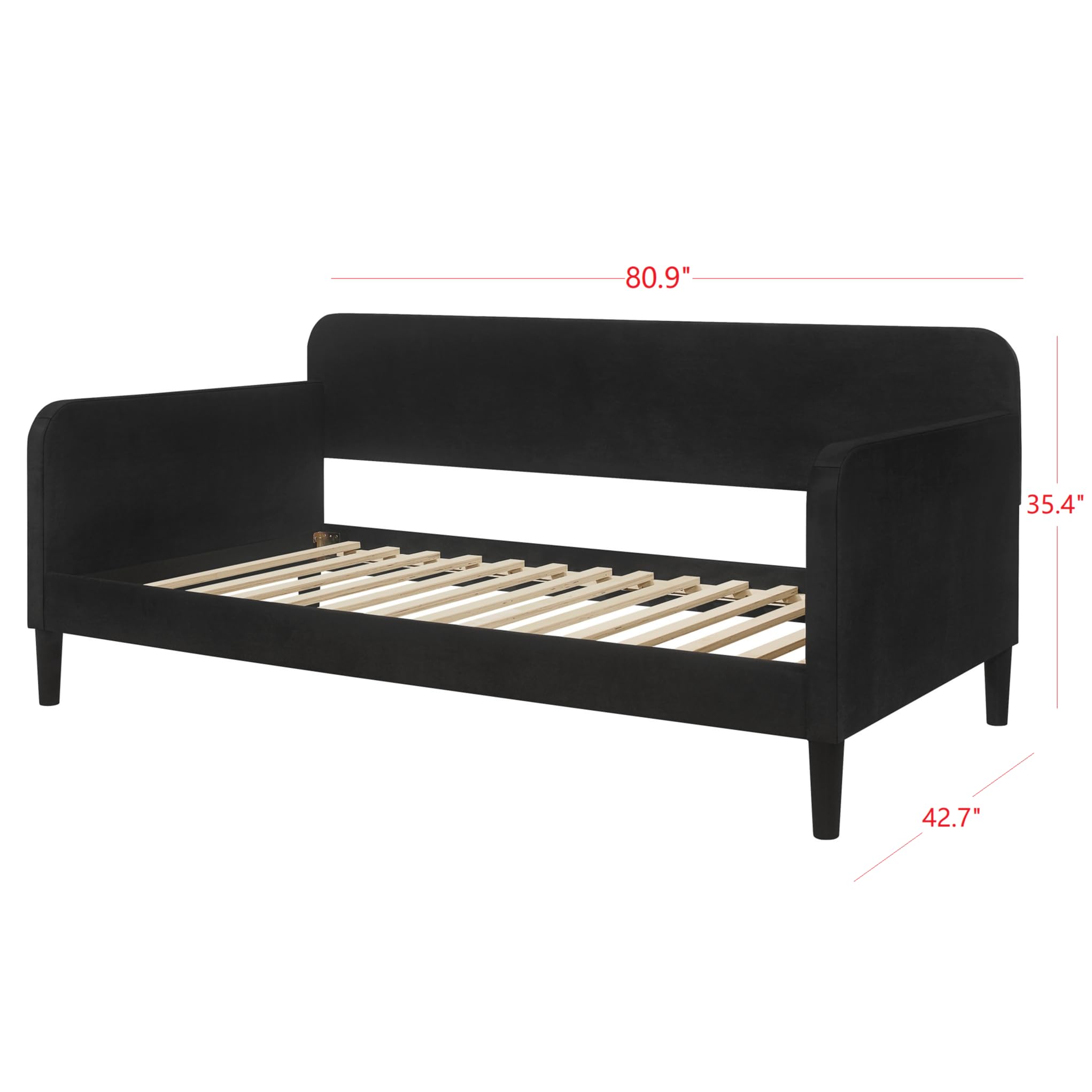 HOME DESIGN Savannah Twin Daybed, Velvet Upholstery, Clean Lines, Rounded Track Arms, Slim Wooden Feet, Full Slat System, Black