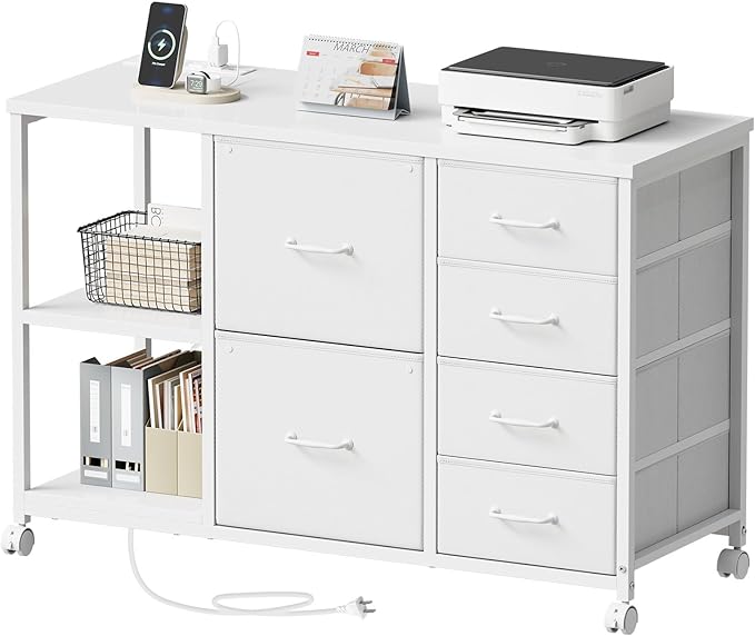 6-Drawer File Cabinet with Charging Station & Rolling Printer Stand