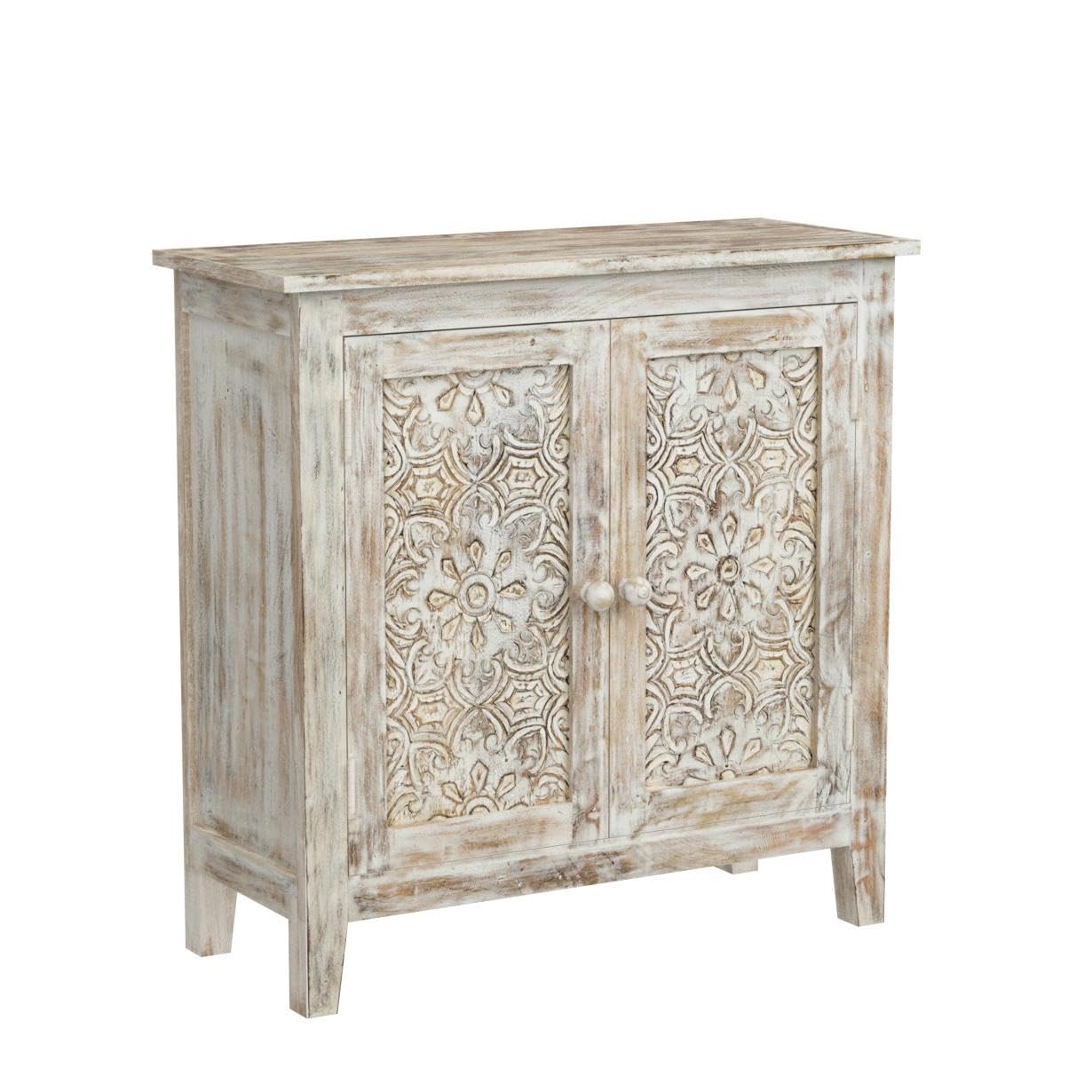 Jofran Global Archive Hand Carved Accent Chest Cabinet, 32', Weathered White