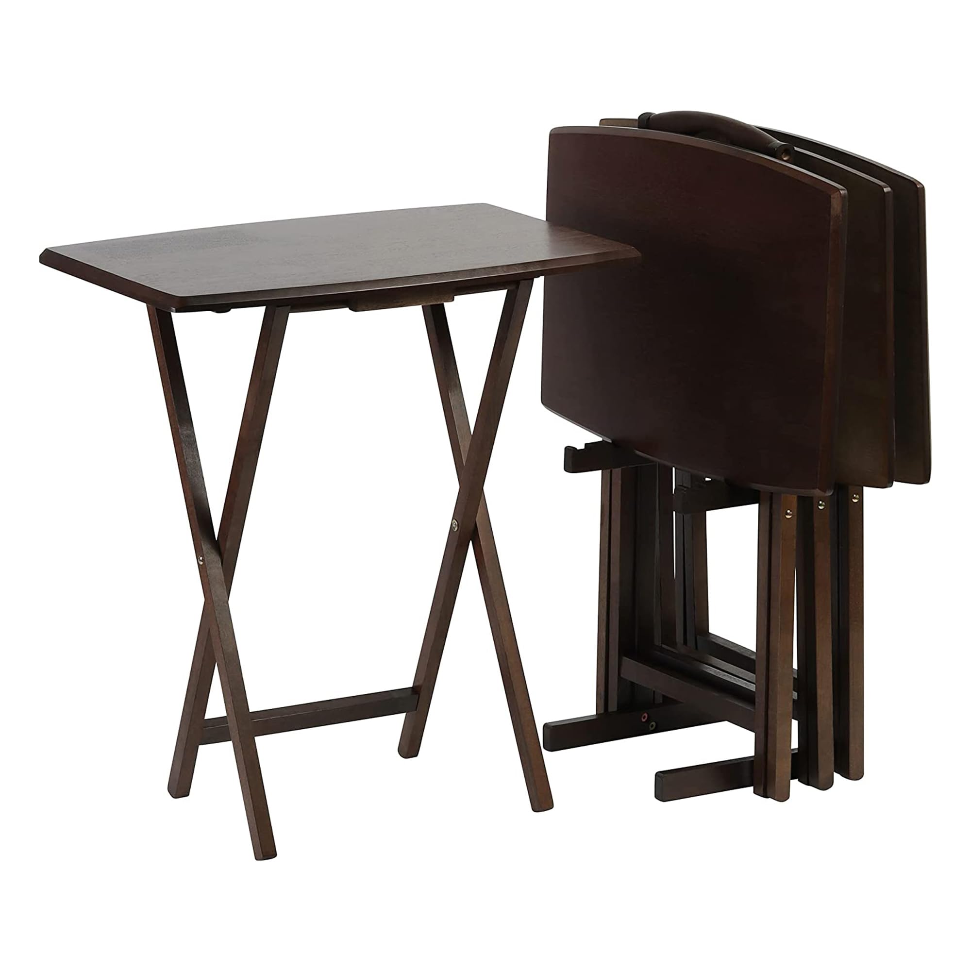 5-Piece Folding Wooden Snack Table Set with Storage Rack