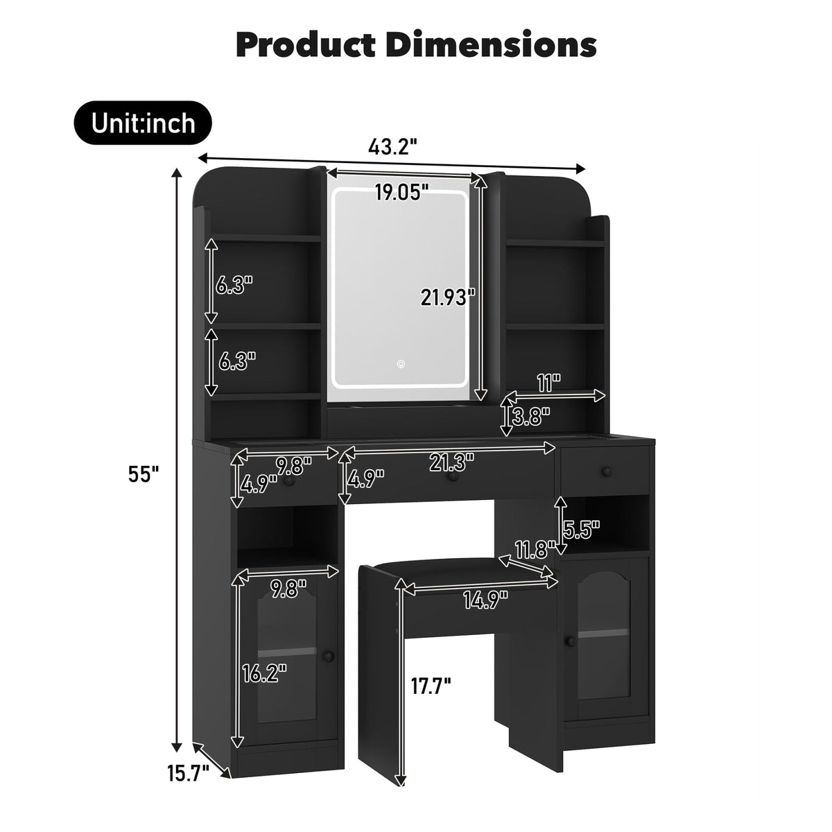 43" Vanity Desk with Mirror & Lights, Glass Top Makeup Vanity Set, Black