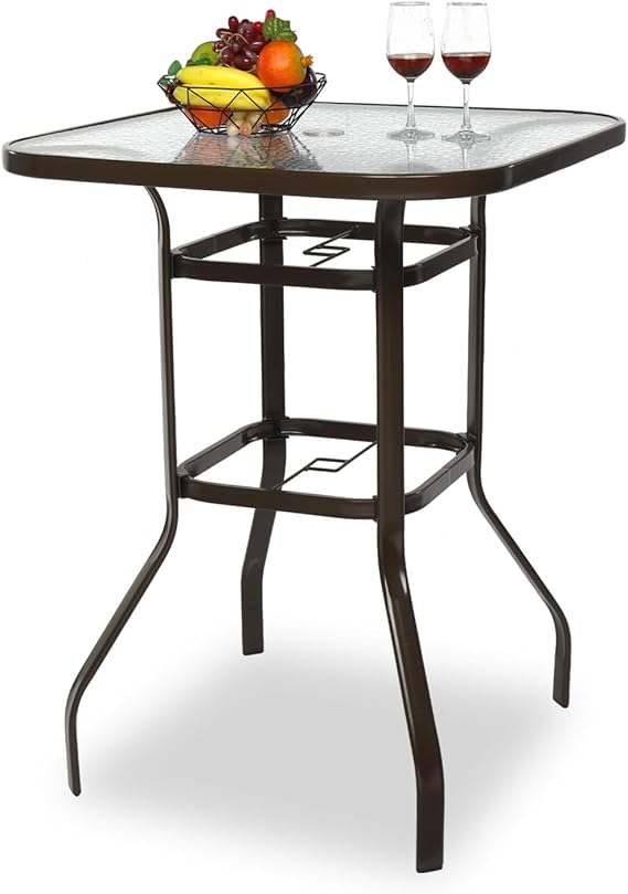 Outdoor Bar Table with Umbrella Hole – Metal Frame, Tempered Glass Top