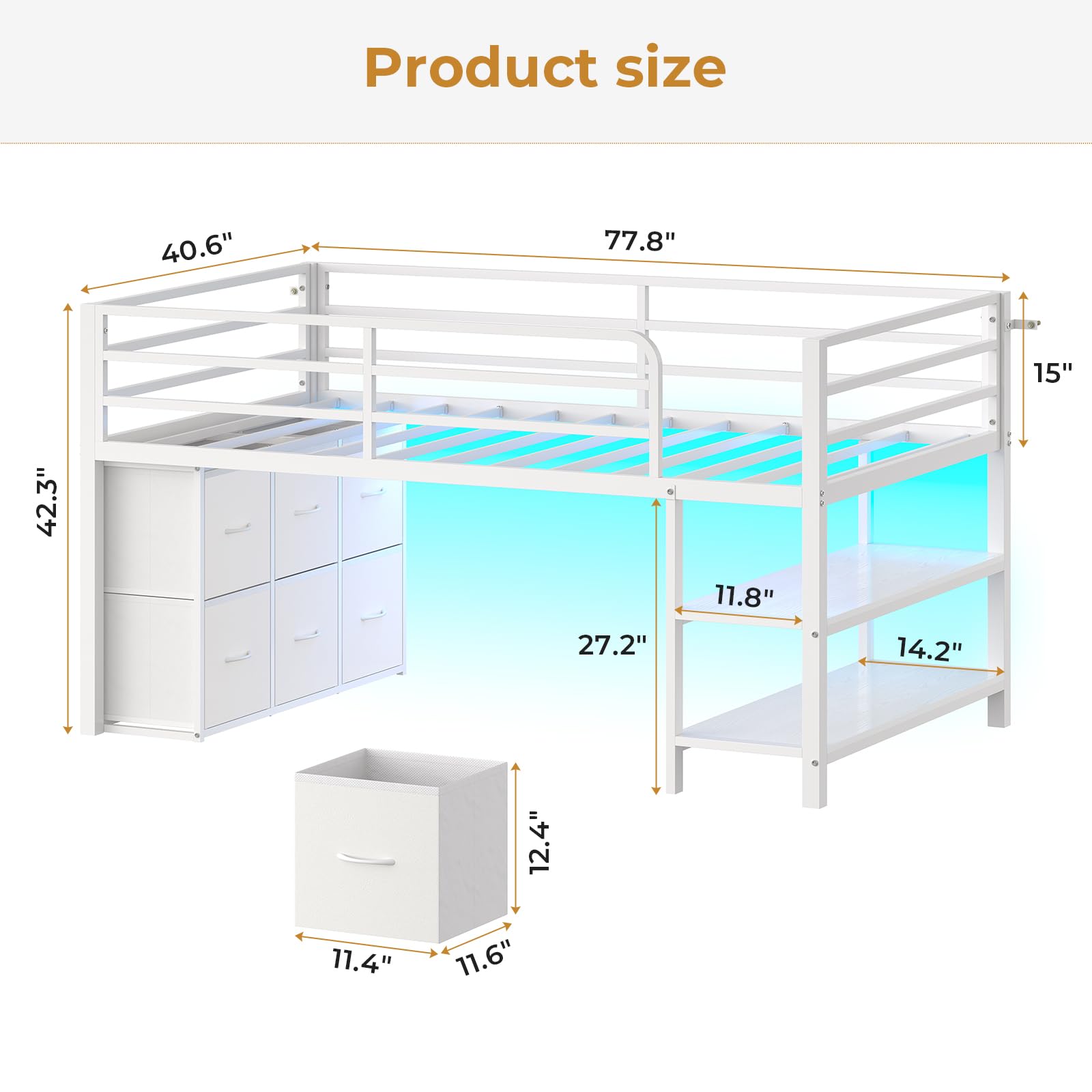 ADORNEVE Low Loft Bed with 6 Storage Drawers, Twin Loft Bed with LED Lights, Metal Loft Bed Twin Size with Open Storage Shelves, Twin Bed Frame with 15" H Safety Guard Rail for Kids, White