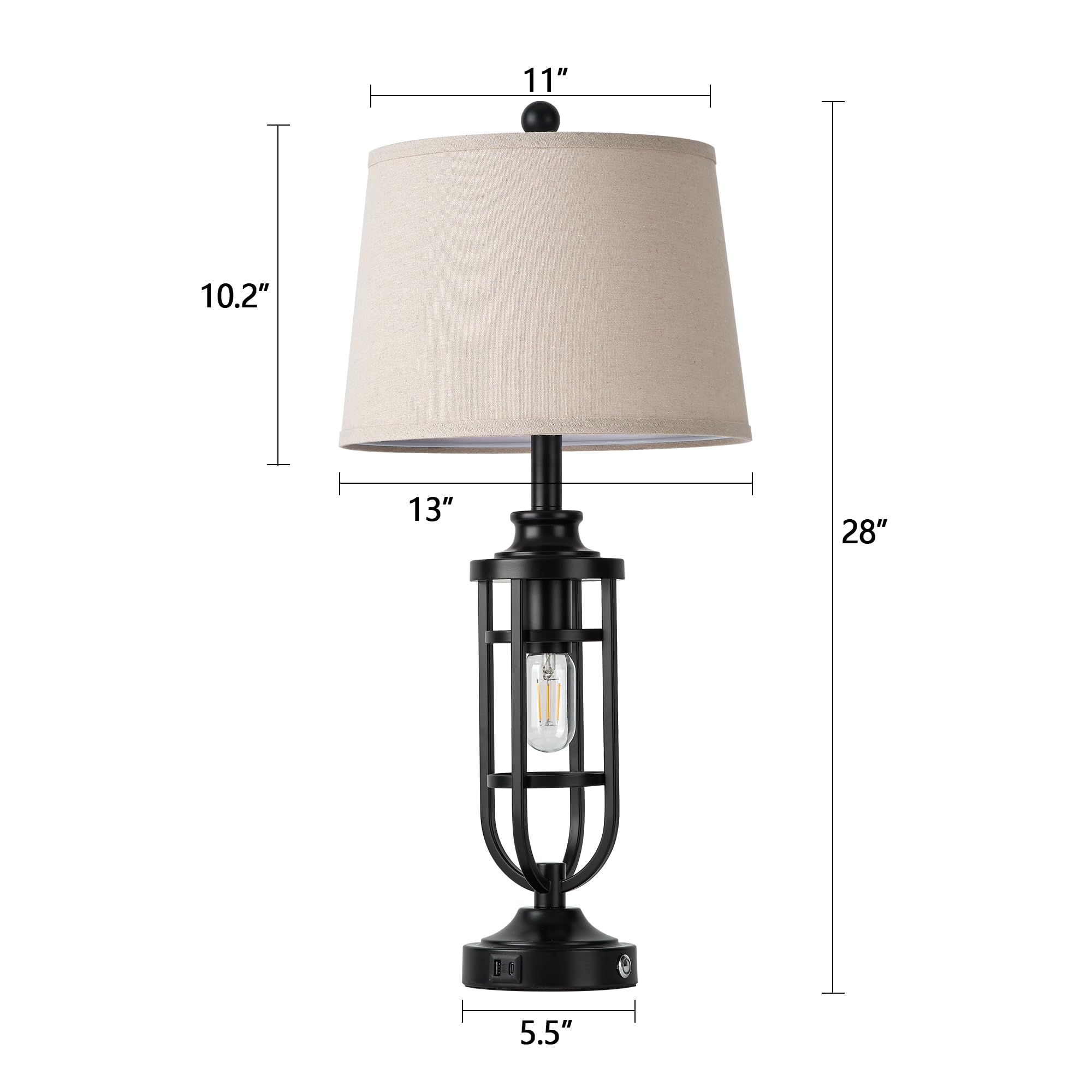 SRJJRS Black Table Lamps for Living Room Set of 2, 28" Farmhouse Lamps for Night Stands with USB A+C, Bedside Table Lamps for Bedroom, Bulbs Included