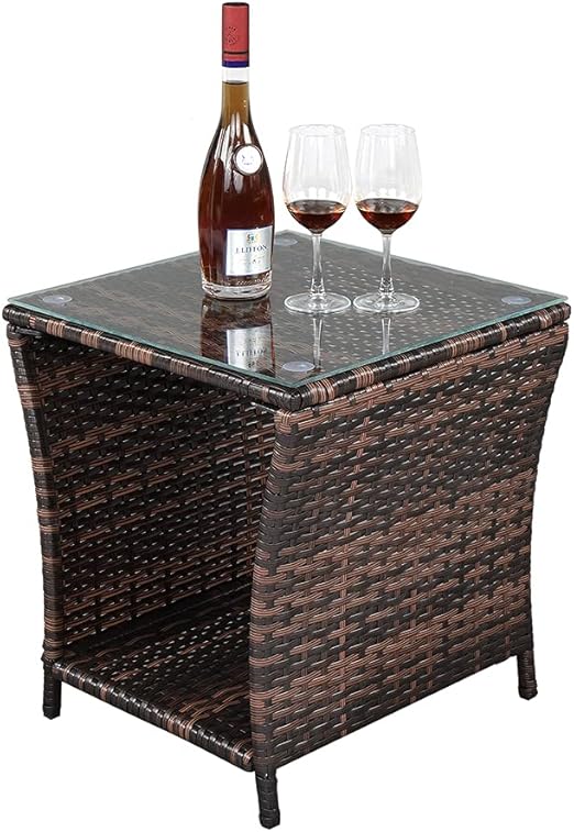 Wicker Outdoor Side Table with Tempered Glass Top & Storage Shelf