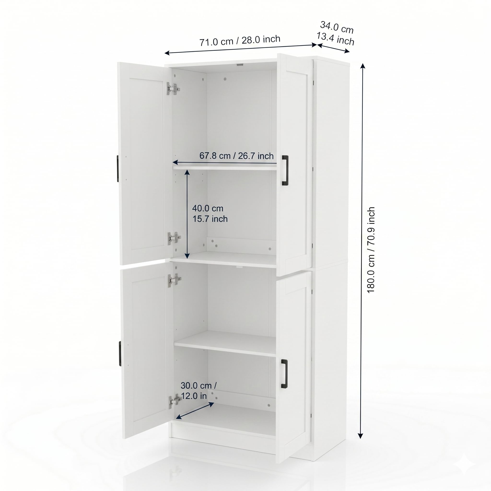 DIYART 71" Tall Kitchen Pantry Cabinet, Freestanding Food Storage Organizer with Doors & Adjustable Shelves, Large Utility Hutch Cupboard for Dining Room, Kitchen & Home Office, White