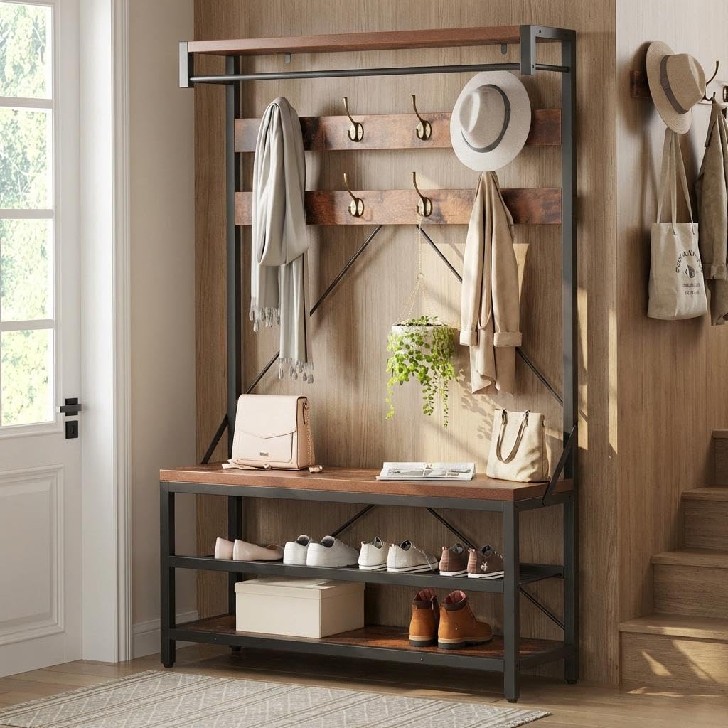 Hall Tree with Shoe Storage Bench, 100cm Entryway Coat Rack, Metal Frame Hallway Bench with Clothes Organizer, Multifunctional Shoe Rack Bench for Hallway, Sturdy Particleboard Seating for Entryway