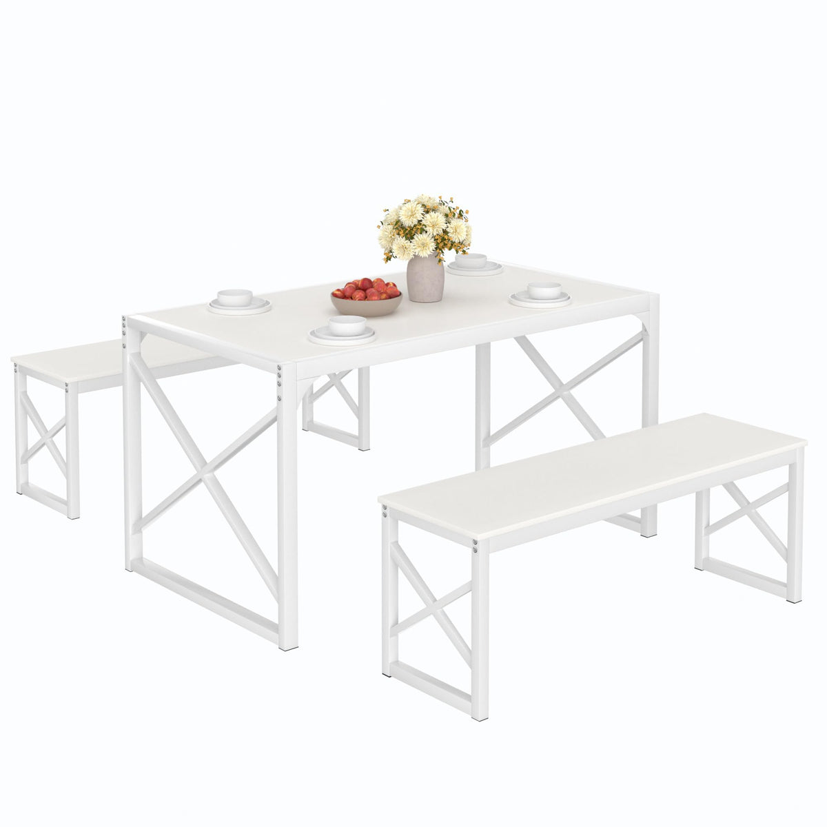 White Dining Table Set with Benches