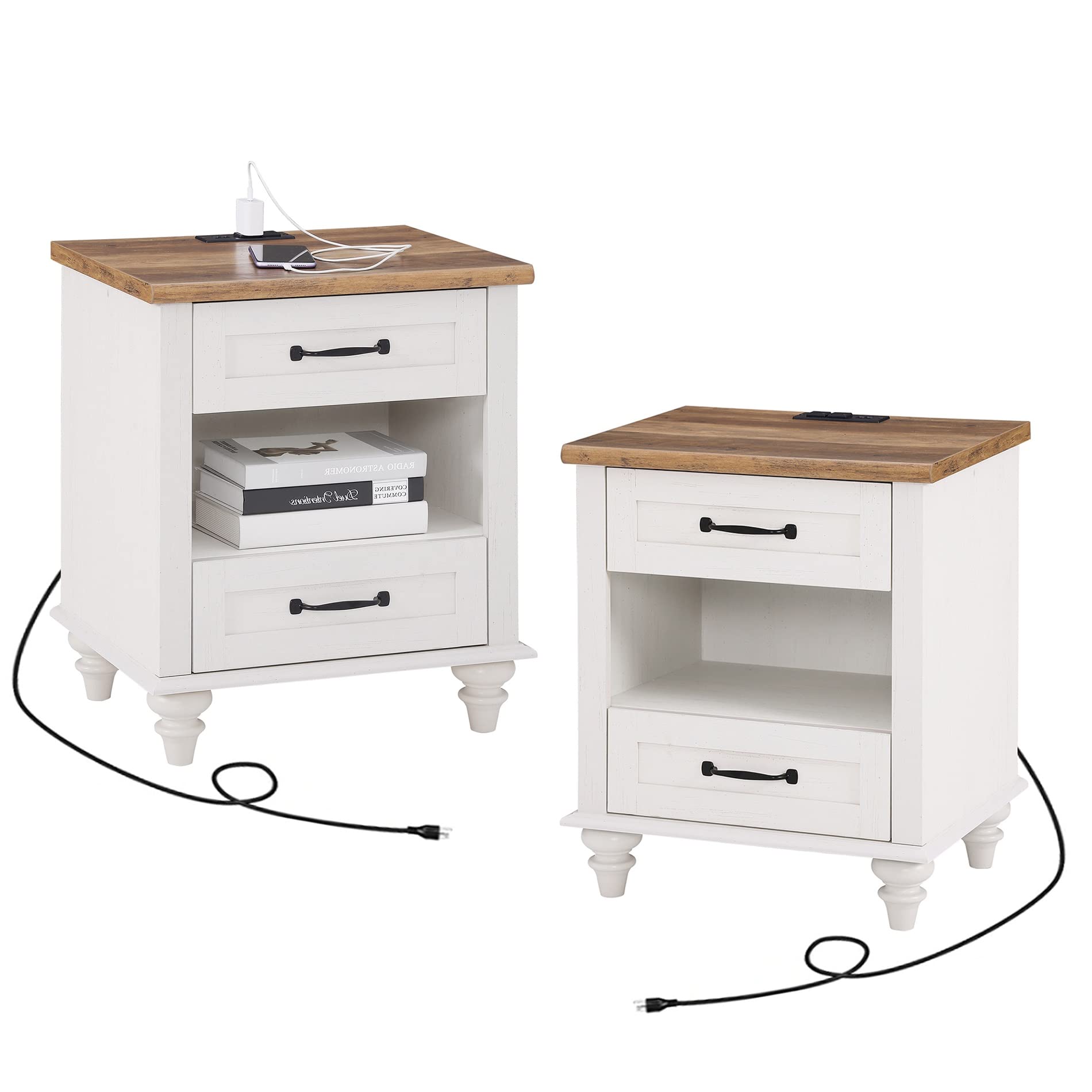 WAMPAT Set of 2 Nightstands with Charging Station Side Table with Two Drawers & Open Shelf, Mid-Century Modern Bedside Tables End Table with Solid Wood Legs, White Night Stand for Bedroom, Living Room