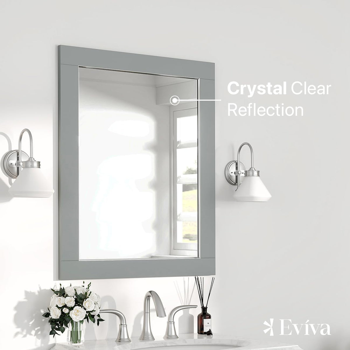 Gray Wood-Framed Bathroom Mirror