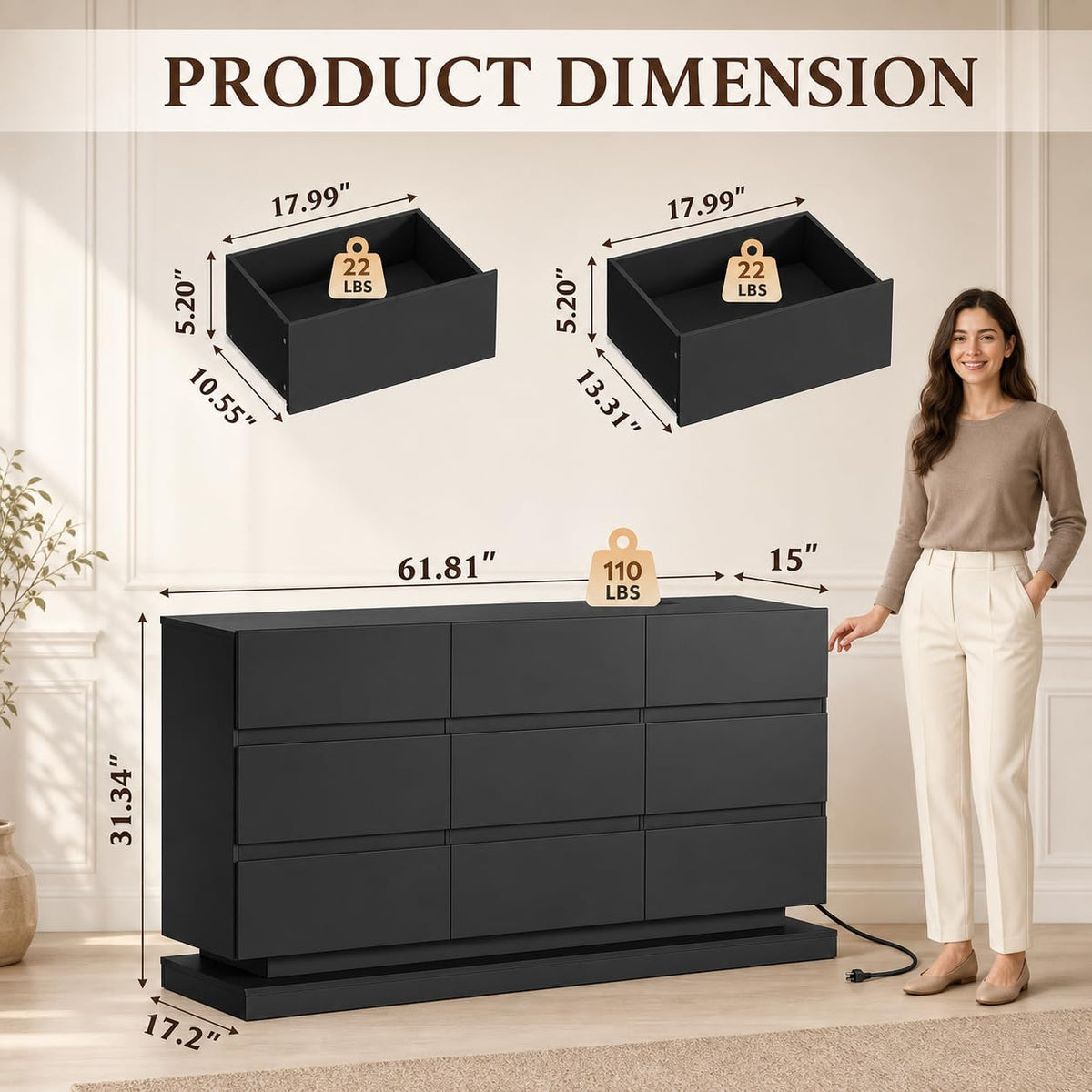 WLIVE 9 Drawer Dresser with LED Light, Dresser with Charging Station