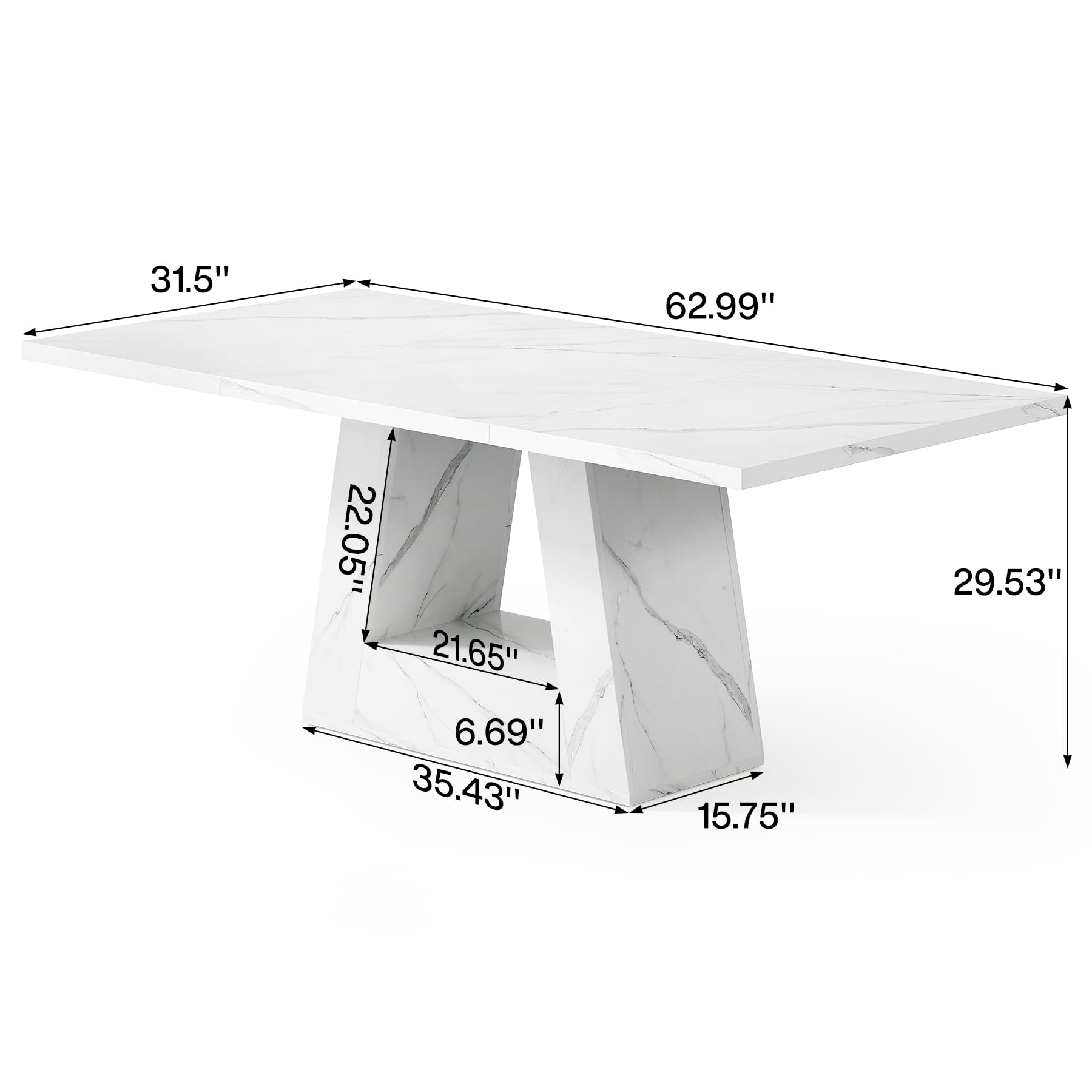 63" Rectangle Dining Table | Faux Marble Top | Triangle Pedestal Base