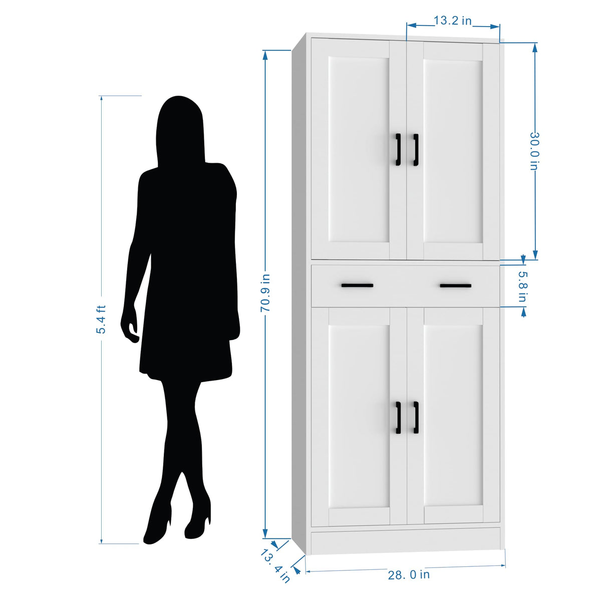DIYART 71" Tall Kitchen Pantry Cabinet, Freestanding Food Storage Cupboard with Drawer and 4 Doors, Large White Utility Floor Cabinet with Adjustable Shelves for Dining Room, Home Office