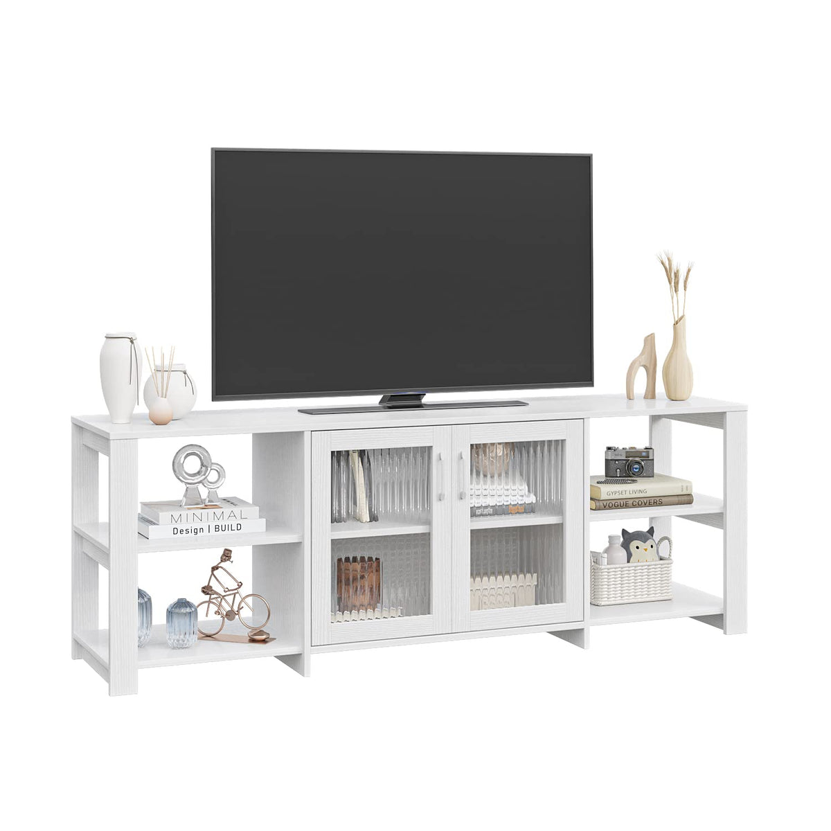 Panana TV Stand Television Stands Cabinet with 2 Doors 4 Open Cubby Storage Cabinets for Living Room Bedroom for TVs up to 70 Inches (White, 62.99 inch)