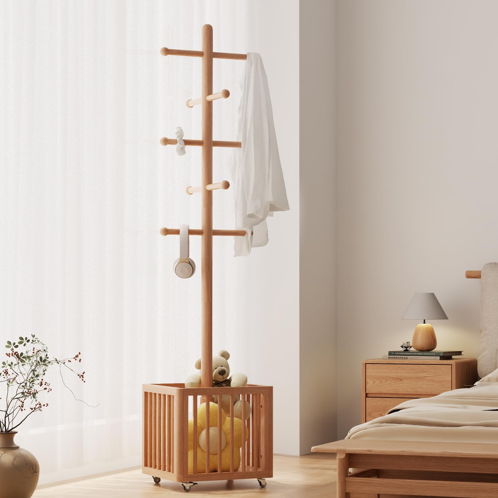 Wood Coat Rack with 10 Hooks & Rolling Wheels